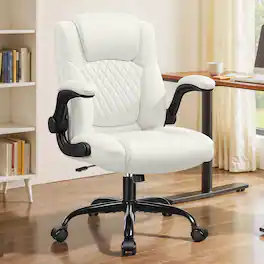 KERDOM - PU Leather Mid-Back Ergonomic Home Office Desk Chair with Flip-Up Arms, Padded Rolling Wheels Swivel Tilt Chair - White