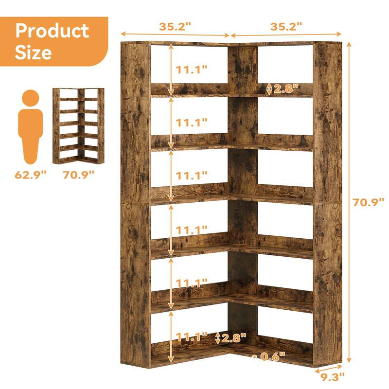 Product Size

- Width: 35.2"
- Height: 70.9"
- Depth: 11.1"
- Shelf Spacing: 11.1"
- Shelf Thickness: 0.6"
- Shelf Overhang: 2.8"
- Overall Height: 62.9"
- Overall Depth: 9.3"