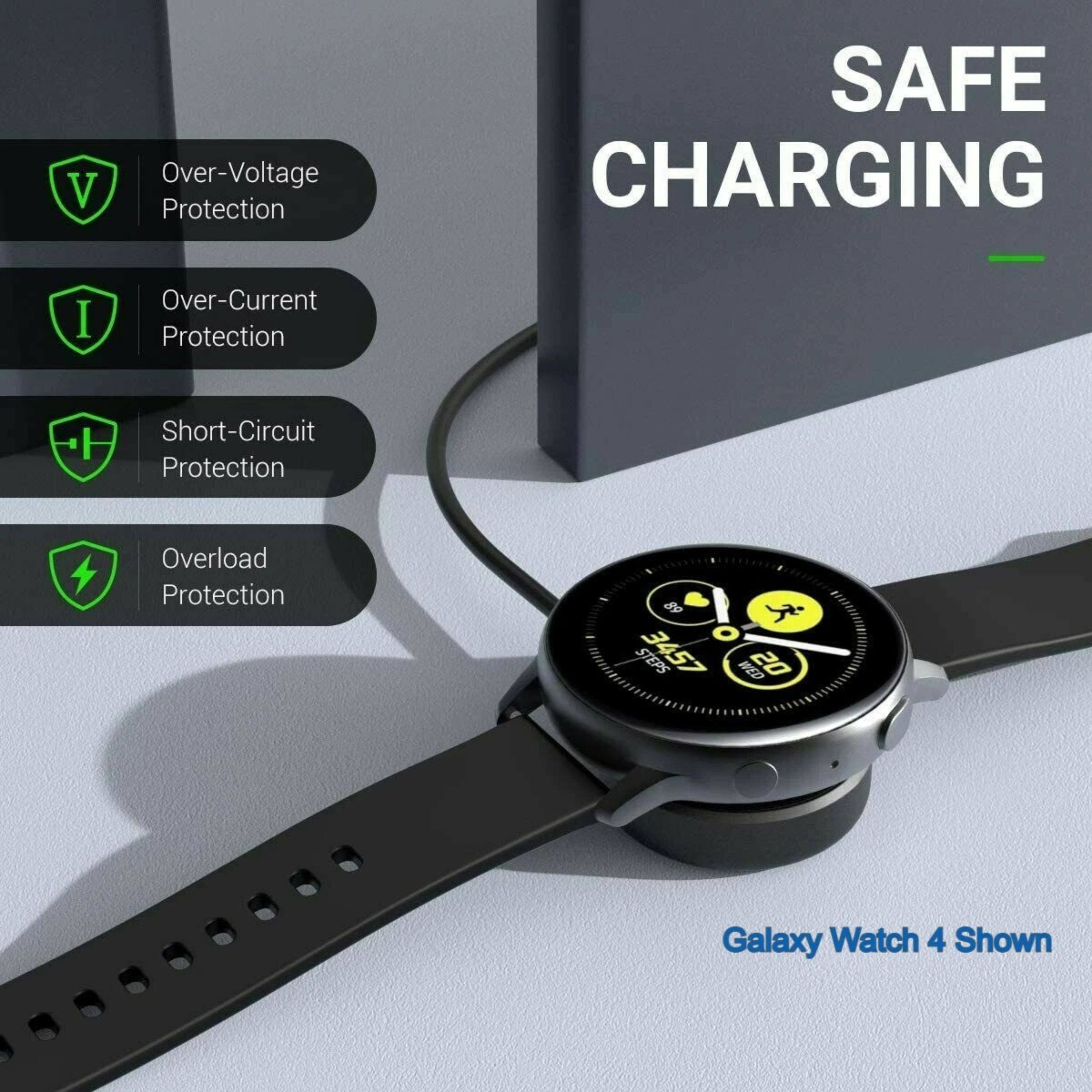 V Over-Voltage Protection  
I Over-Current Protection  
Short-Circuit Protection  
Overload Protection  

SAFE CHARGING  

89 STEPS  
3457 WED 20  

Galaxy Watch 4 Shown
