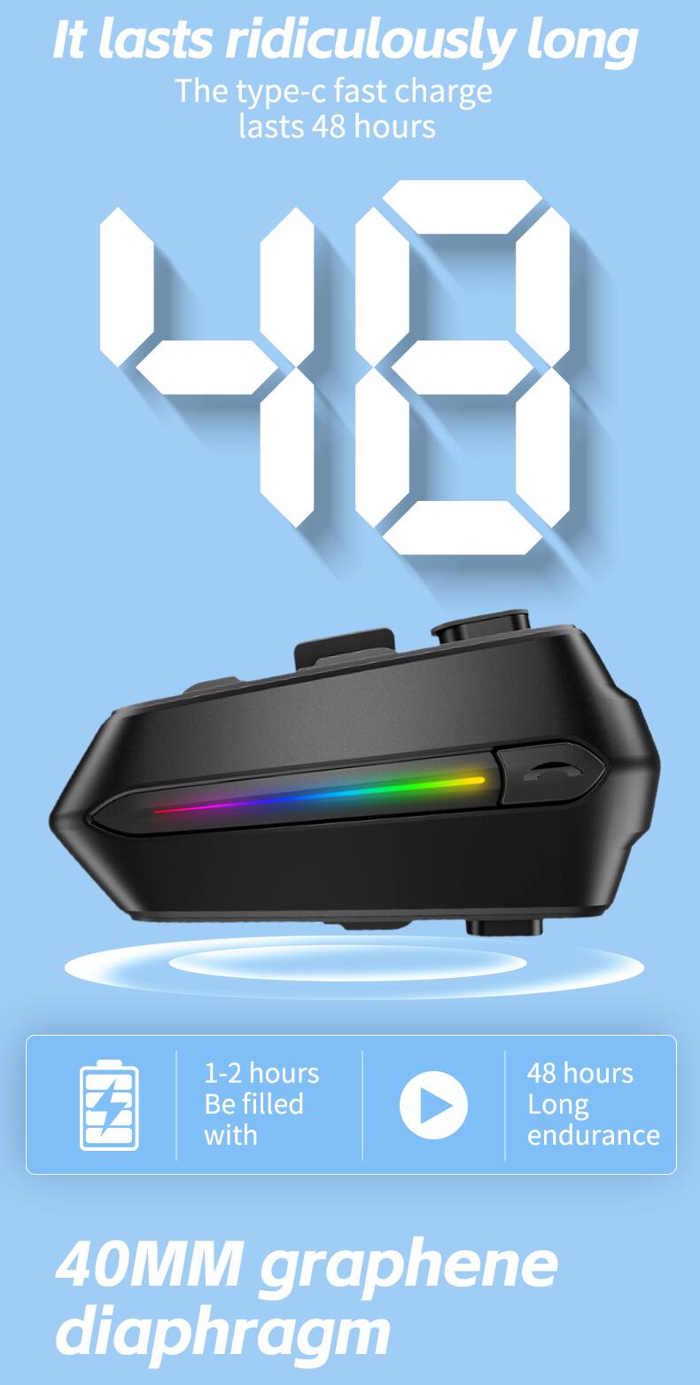 It lasts ridiculously long  
The type-c fast charge lasts 48 hours  

48  

1-2 hours Be filled with  
48 hours Long endurance  

40MM graphene diaphragm
