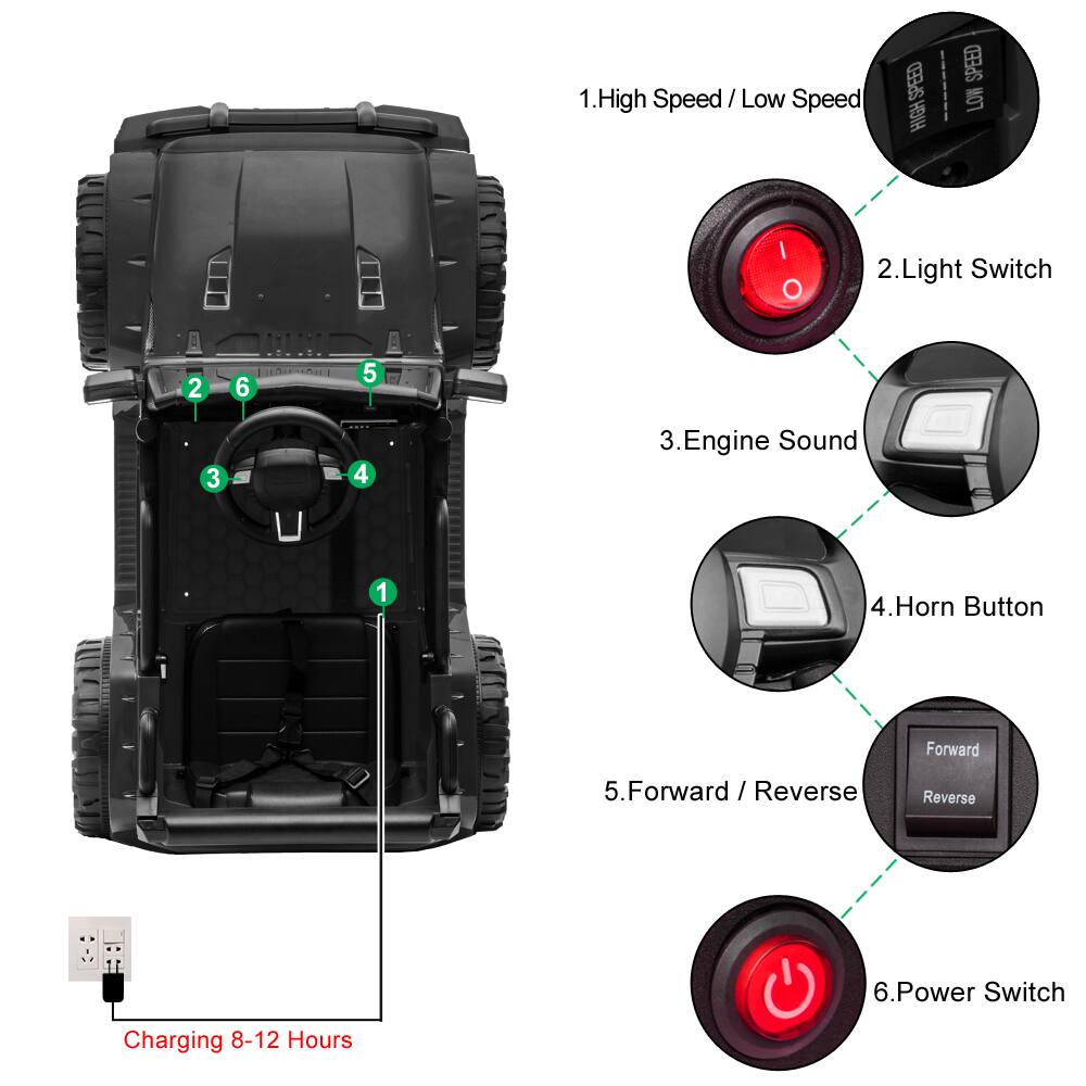 1. High Speed / Low Speed  
2. Light Switch  
3. Engine Sound  
4. Horn Button  
5. Forward / Reverse  
6. Power Switch  

Charging 8-12 Hours