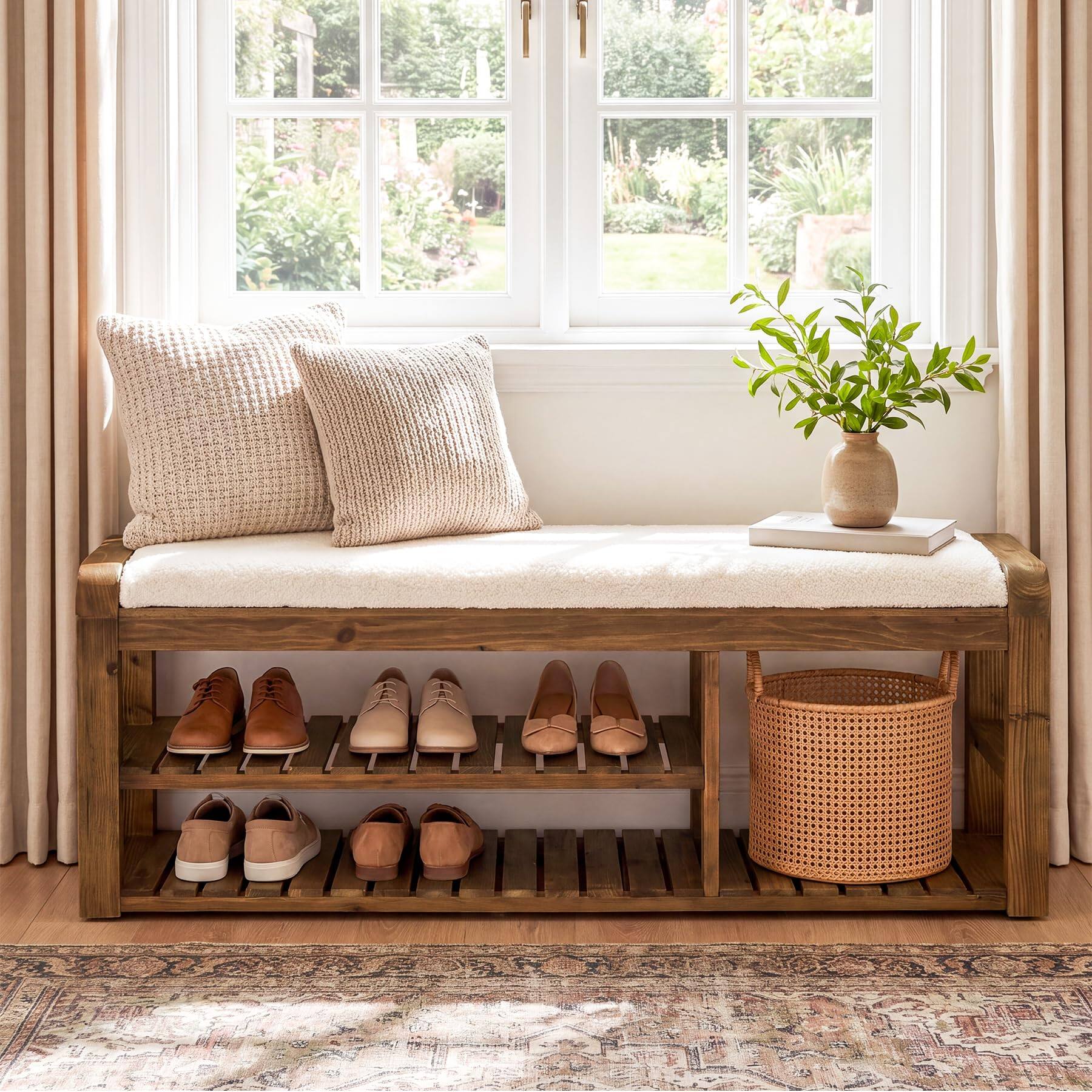 Left. Tribesigns - Storage Bench with Cushion, 55" Solid Wood Entryway Shoe Rack - Rustic Brown.