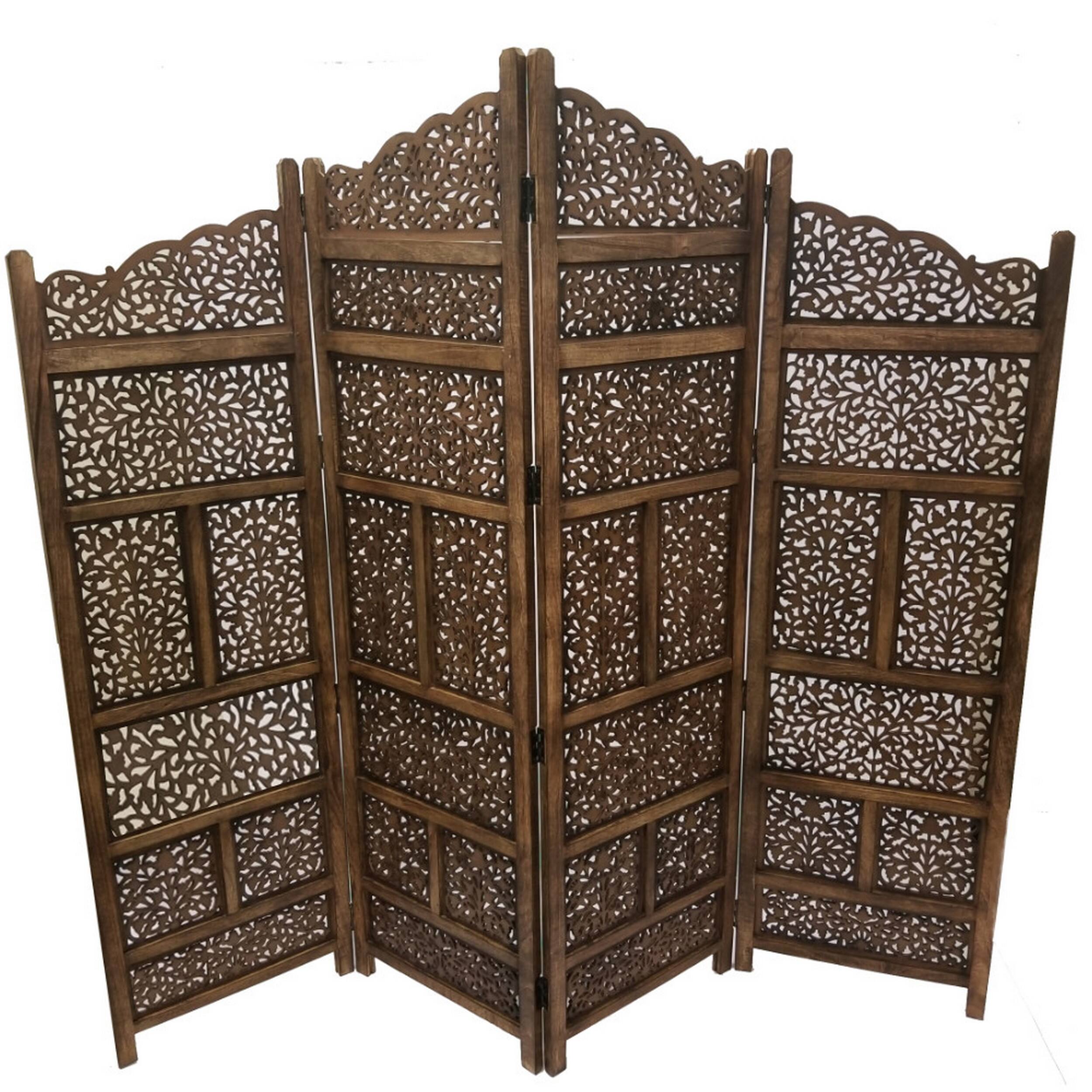 Angle. Manhattan Lane - Benzara Hand Carved Foldable 4 Panel Wooden Partition Screen/RoomDivider - Brown.