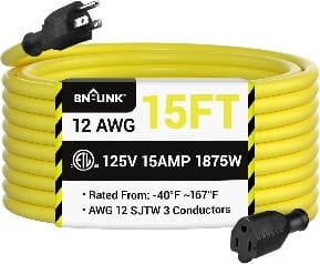 BN-LINK - 15 ft Outdoor Extension Cord 12/3 SJTW, Heavy Duty, 3-Prong Grounded, 15A, 1875W, ETL - Yellow