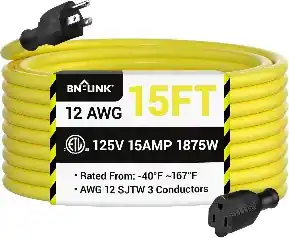 BN-LINK
15FT
12 AWG
ETD 125V 15AMP 1875W
Rated From: -40°F ~ 167°F
AWG 12 SJTW 3 Conductors