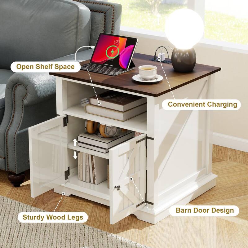 1:29 + Open Shelf Space Convenient Charging  
Sturdy Wood Legs Barn Door Design