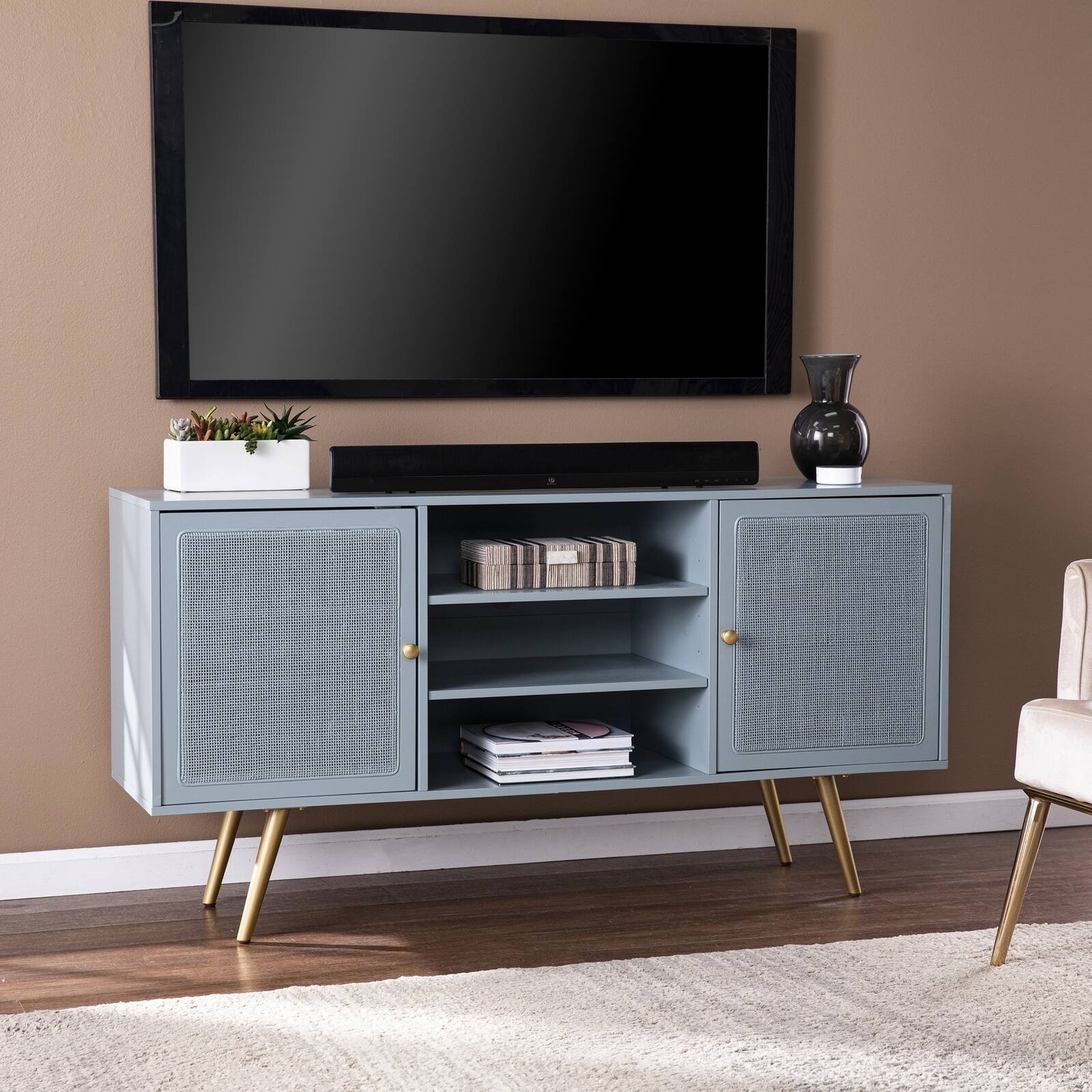 Spaco - For Living Room TVs, Retro TV Stand with Storage, Rattan Accents, Adjustable Shelves - Mint
