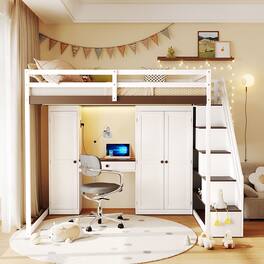 Anysun - Full Size Loft Bed with Storage Staircase - Built-In Dressing Table & Mirror, Wardrobe, USB Ports & Lights - White