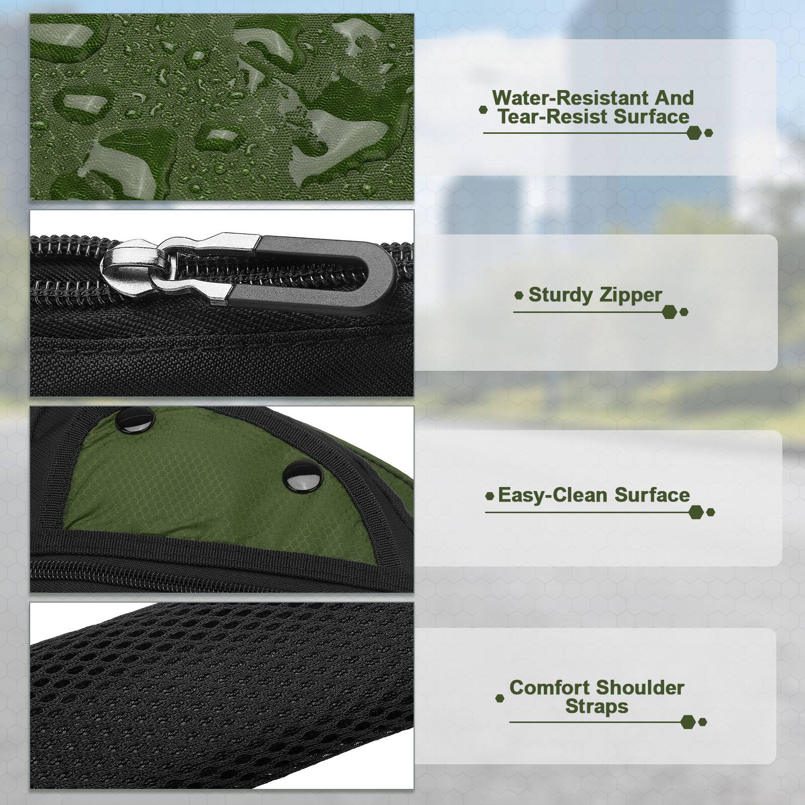 - Water-Resistant And Tear-Resist Surface
- Sturdy Zipper
- Easy-Clean Surface
- Comfort Shoulder Straps