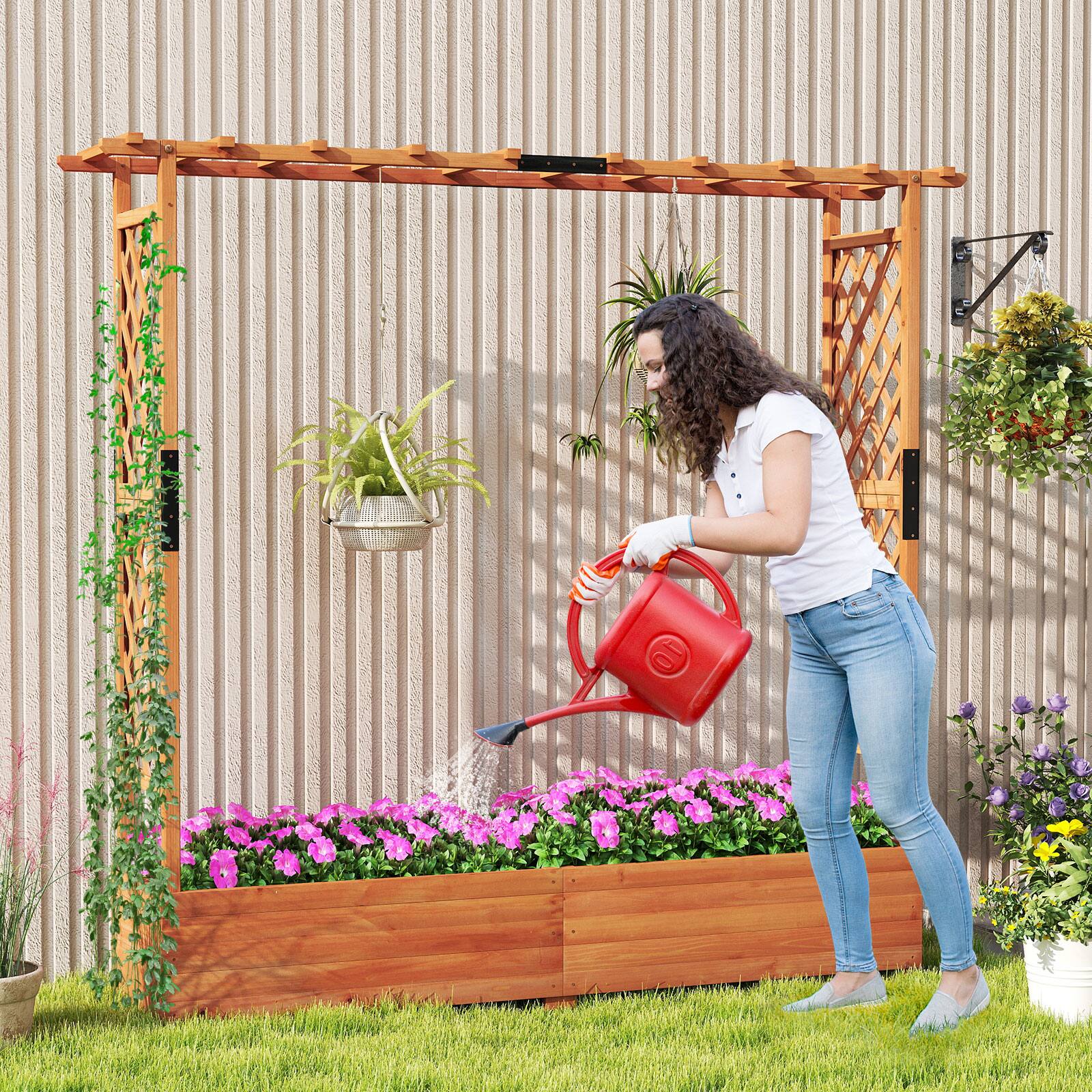 Alt View 3. Gymax - Gymax Raised Garden Bed Planter Box w/ Side & Top Trellis for Vine Climbing Plants - Orange.