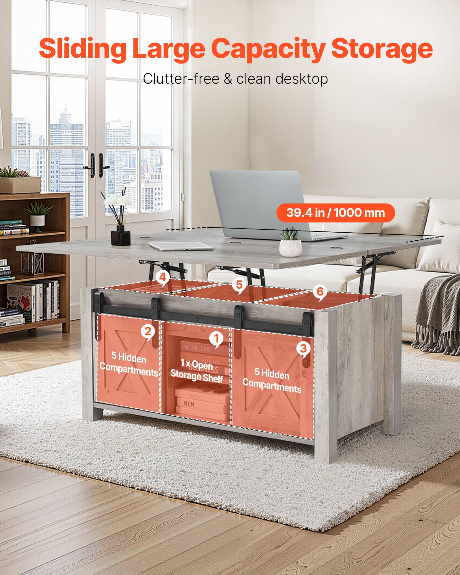 Sliding Large Capacity Storage  
Clutter-free & clean desktop  

39.4 in / 1000 mm  

1. 1x Open Storage Shelf  
2. 5 Hidden Compartments  
3. 5 Hidden Compartments  
4.  
5.  
6.