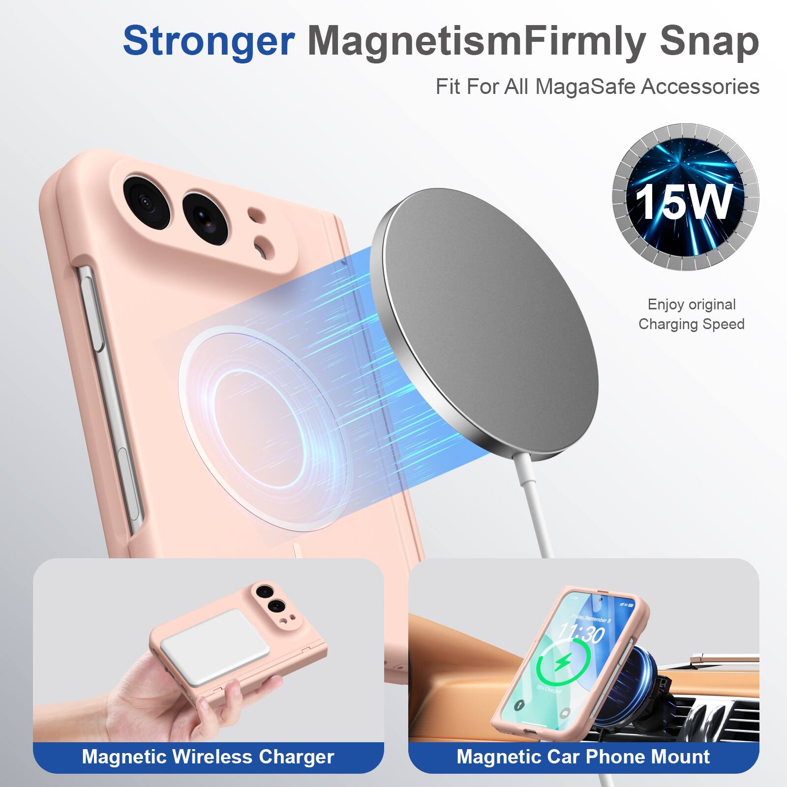 Stronger Magnetism  
Firmly Snap Fit For All MagaSafe Accessories

15W  
Enjoy original Charging Speed

Enclay  
September 11:30

180g (2mg)

Magnetic Wireless Charger  
Magnetic Car Phone Mount