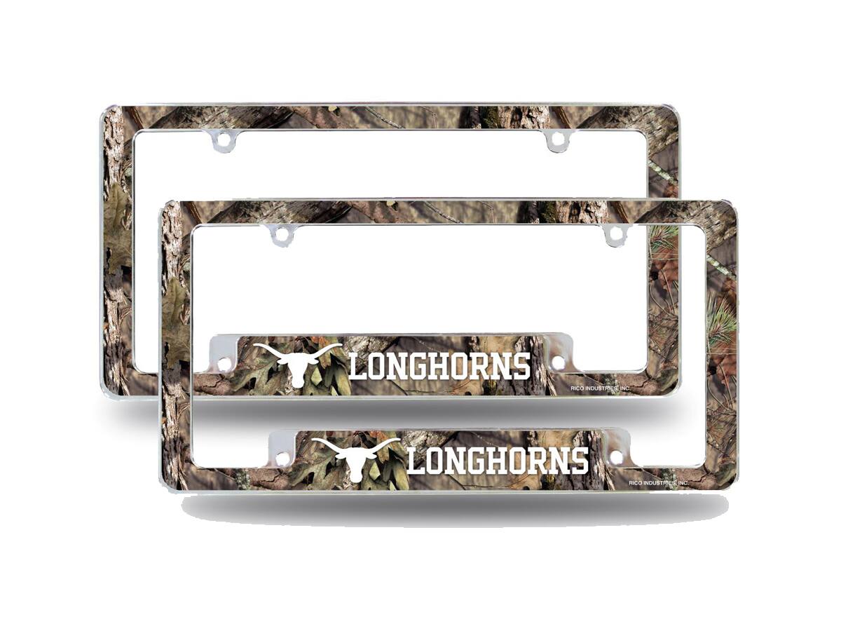 Texas Longhorns Chrome Metal (Set of 2) License Plate Frames with Bold Mossy Oak Camouflaged Camo Design