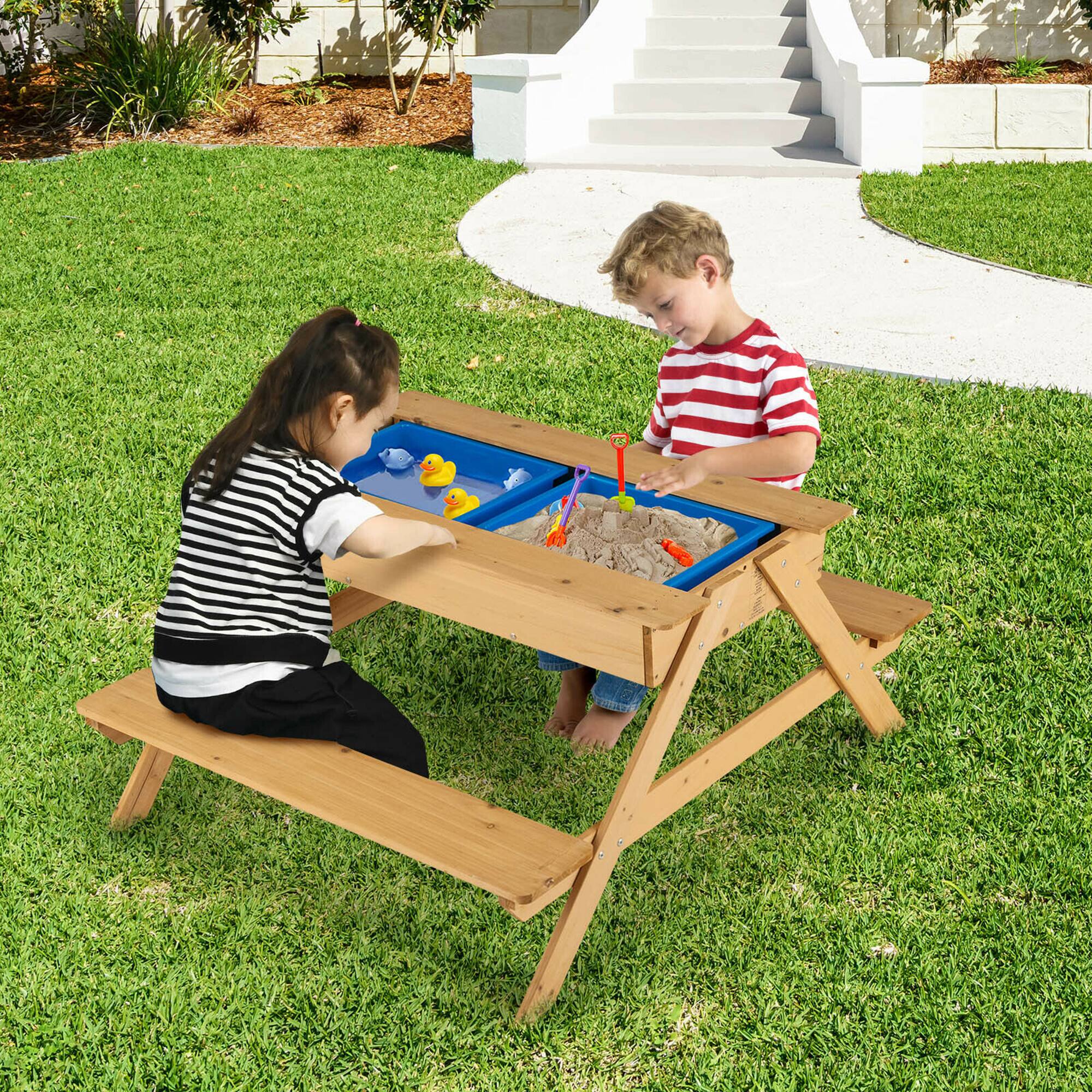 Alt View 3. Gymax - Gymax 3 in 1 Kids Picnic Table Wooden Outdoor Water Sand Table w/ Play Boxes - Natural.