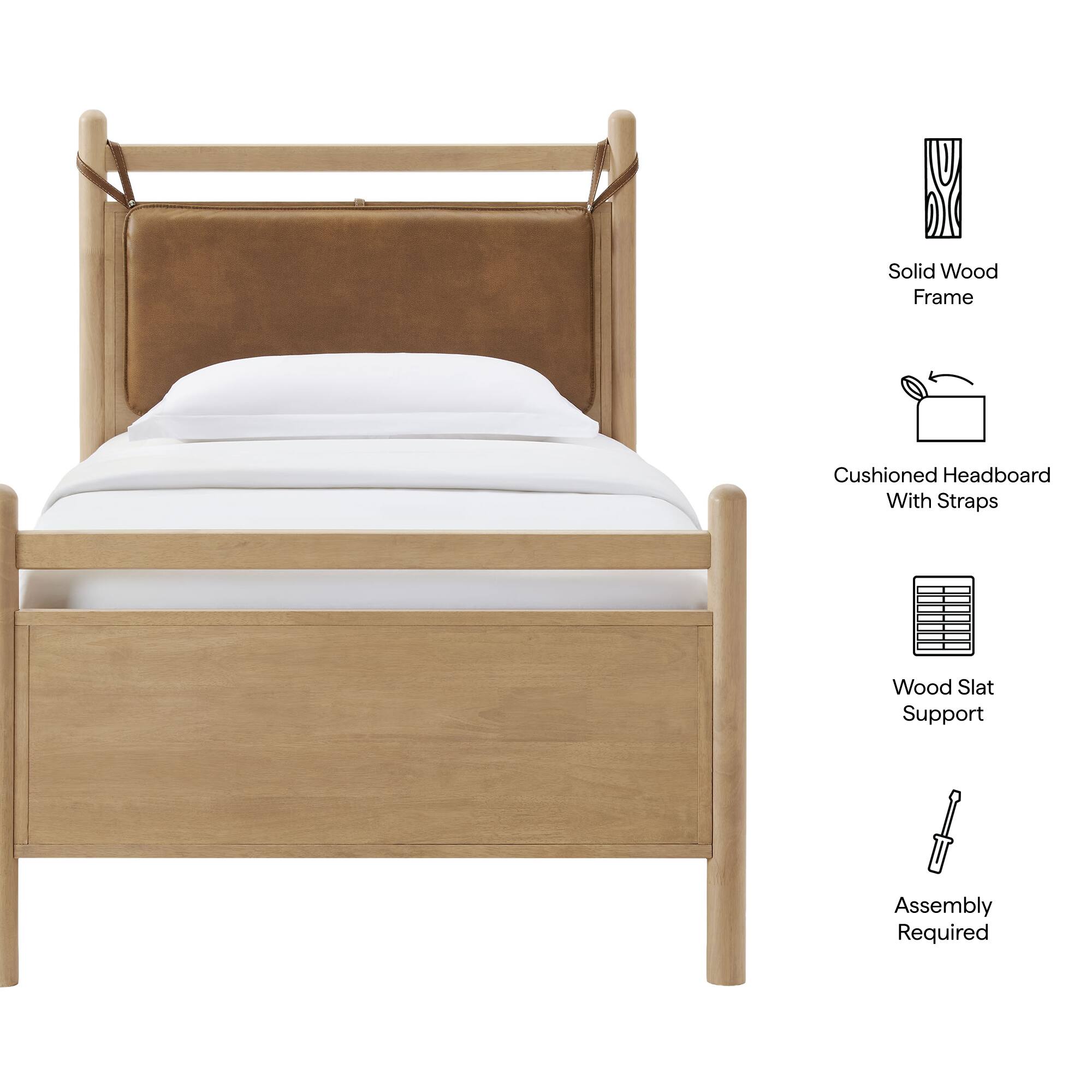 Solid Wood Frame  
Cushioned Headboard With Straps  
Wood Slat Support  
Assembly Required