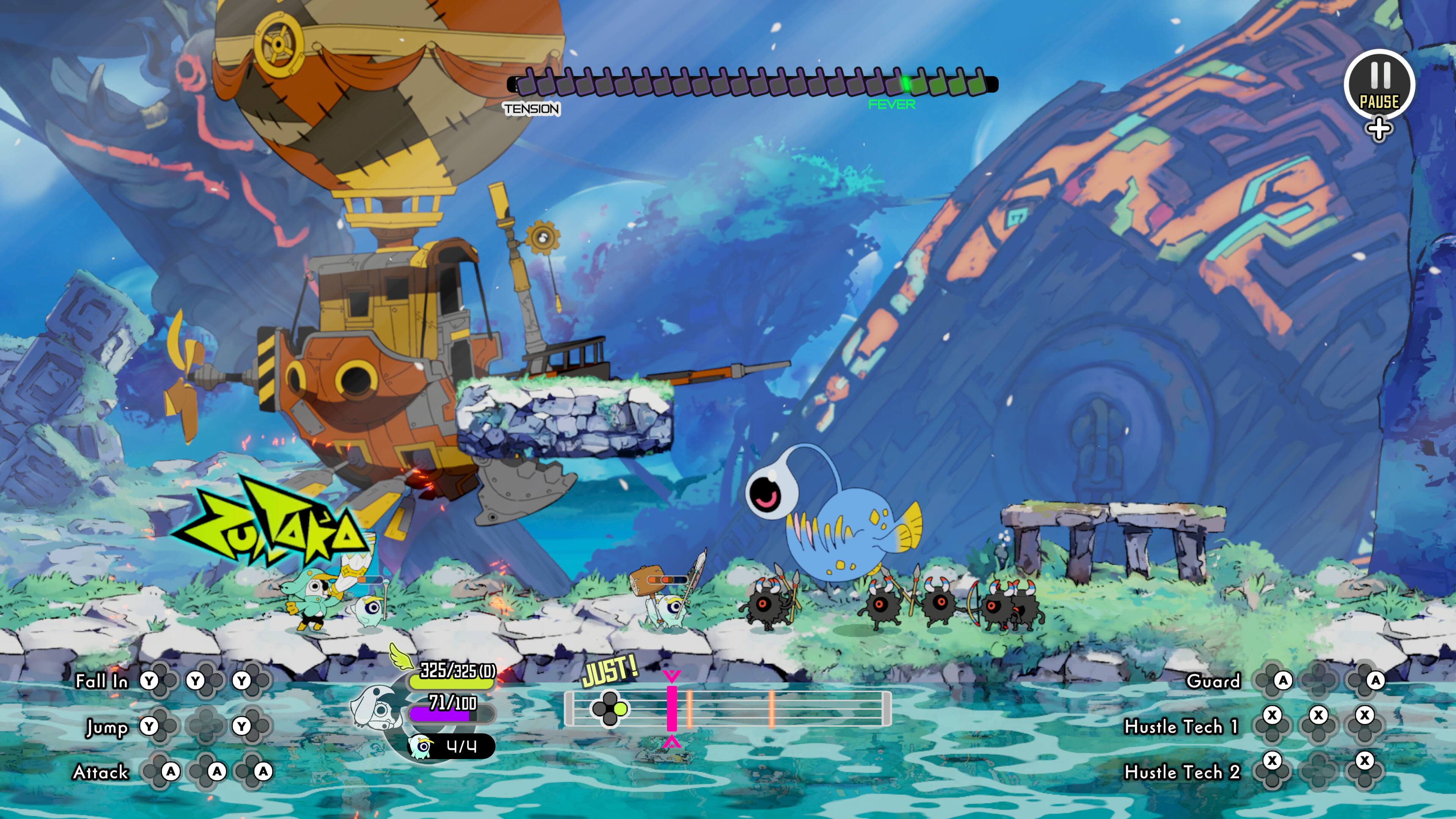 TENSION FEVER PAUSE + POLARA  
Fall In Y Jump Y Attack A Y A Y Y A  
325/325 (D) 71/100 4/  
JUST! Guard Hustle Tech 1 Hustle Tech 2  
A x x x A x x