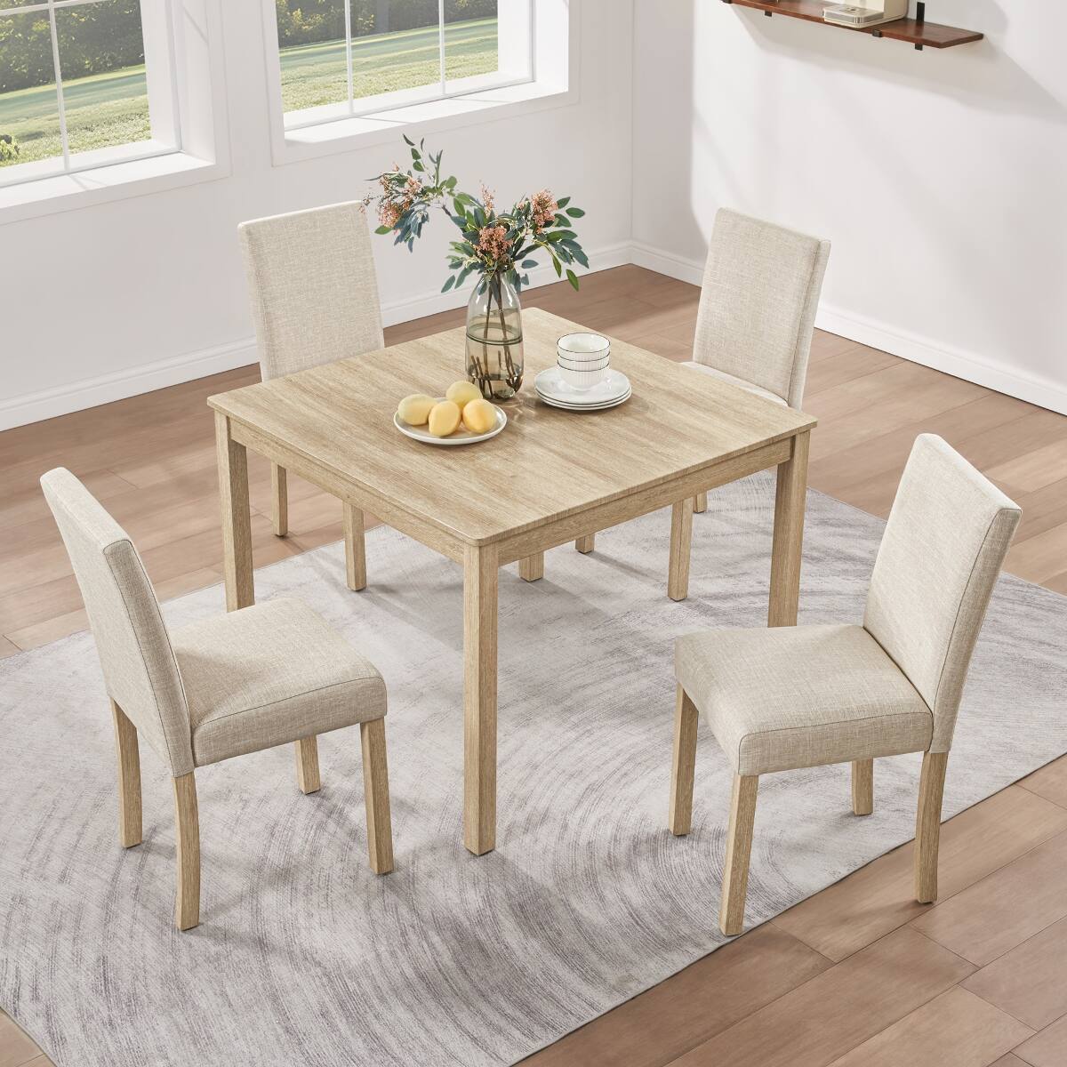 Angle. Loheer - Loheer 5-Piece Dining Table Set for 4, Square Light Oak Table with Upholstered Chairs - Light Oak.