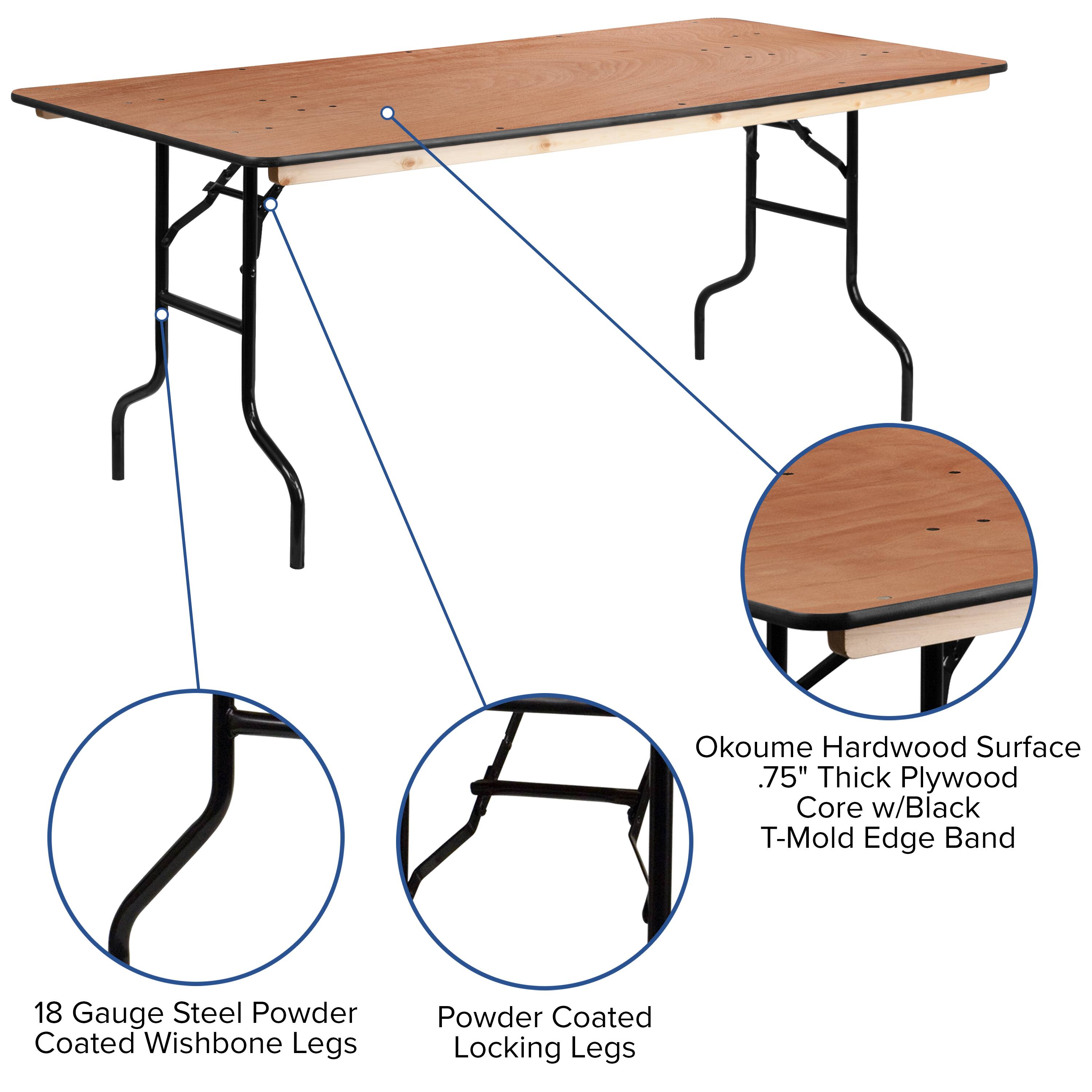 Okoume Hardwood Surface .75" Thick Plywood Core w/Black T-Mold Edge Band  
18 Gauge Steel Powder Coated Wishbone Legs  
Powder Coated Locking Legs