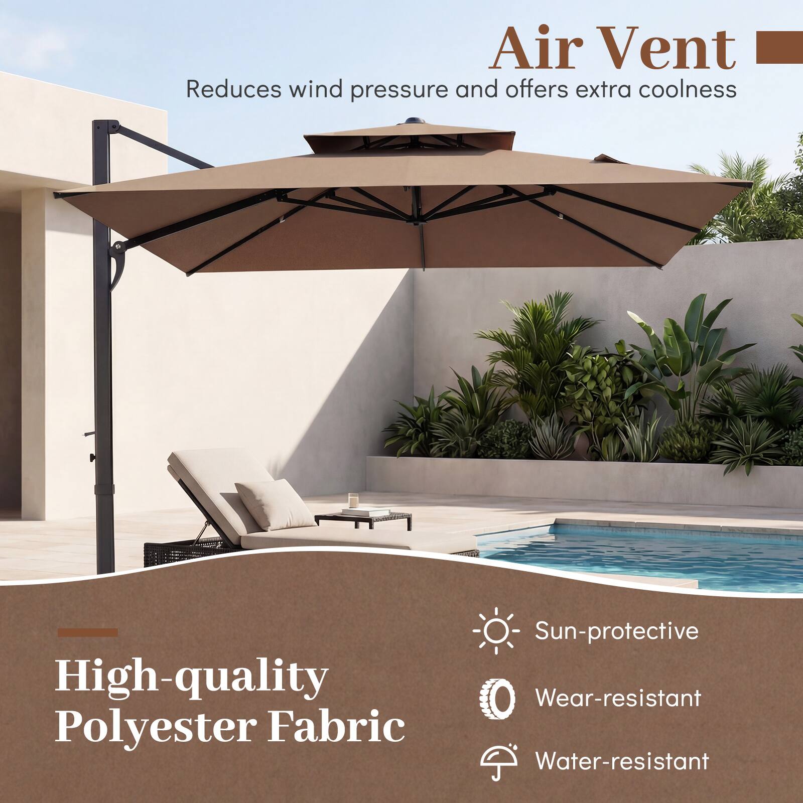 Air Vent  
Reduces wind pressure and offers extra coolness  

High-quality Polyester Fabric  
Sun-protective  
Wear-resistant  
Water-resistant