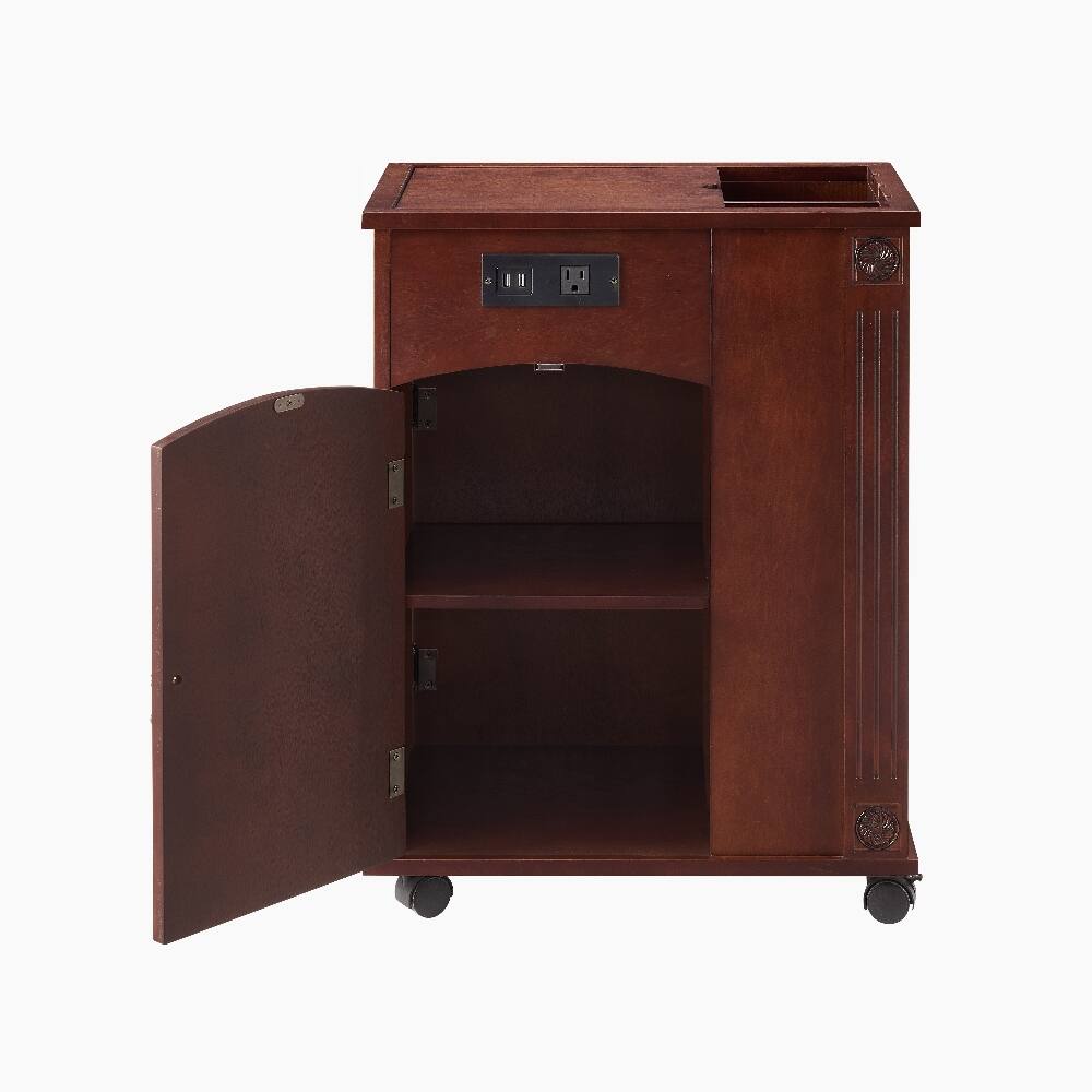 Alt View 4. Loheer - Loheer Powered End Table Narrow Side Table with Charging Station Red Walnut Bedside Table with Wheels - Red Walnut.