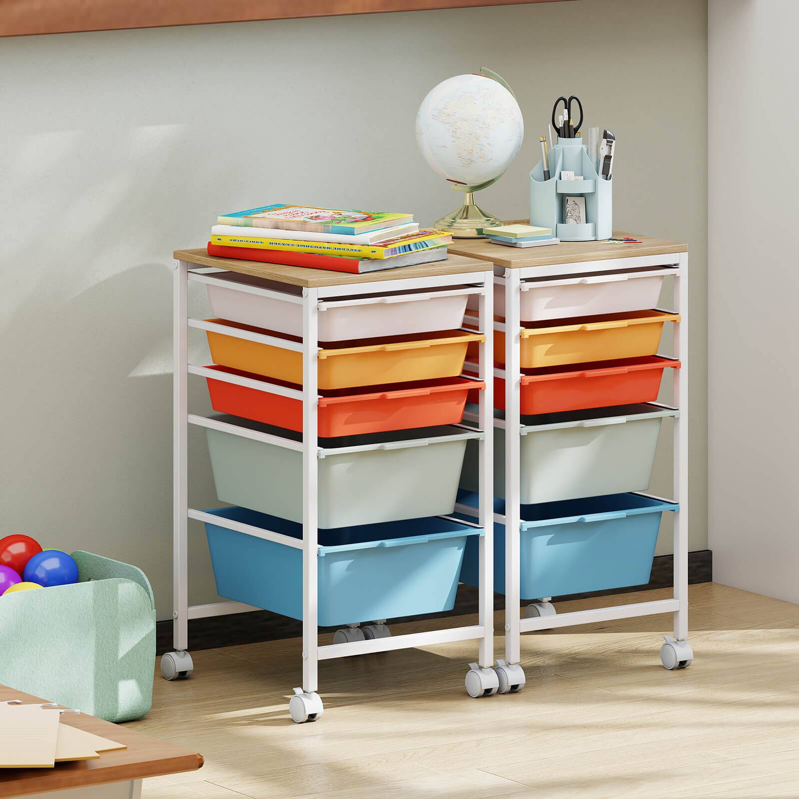 Alt View 3. Costway - Costway 5-Drawer Rolling Art Storage Cart with Wooden Tabletop & Lockable Wheels for Office - Natural + Macaron.