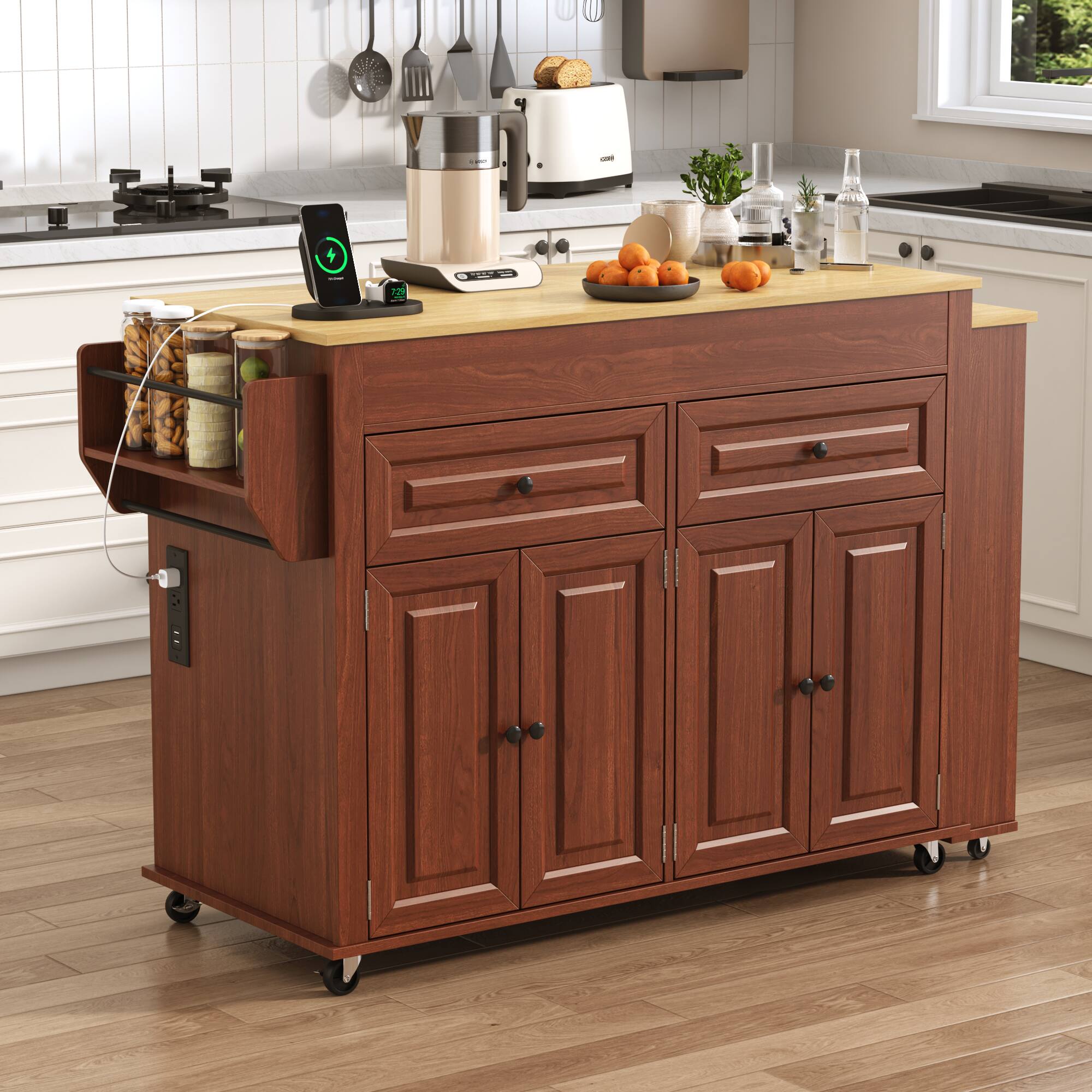 Angle. Espafurni - 80"-48" Extendable Kitchen Island with Dining Table & Power Outlet,Drawers,Shelves, Mobile Rolling Cart - Brown.