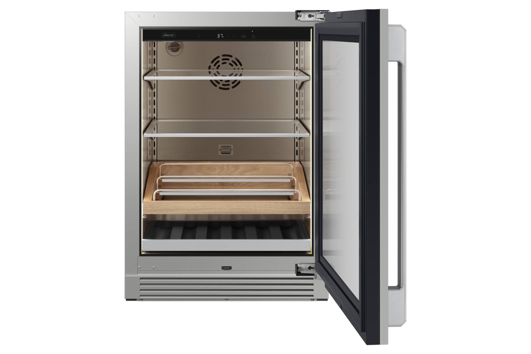 The text on the image reads "decor 37. - pe." However, it is not clear what the decoration or the pe reference is referring to. The image shows a refrigerator with its door open, revealing a shelf inside.