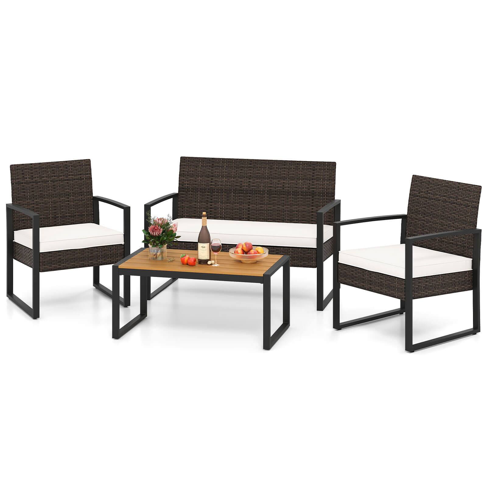 Front. Costway - Costway 4 Piece Patio Furniture Set with Cushioned Chairs & Wood Plastic Coffee Table - Off White.