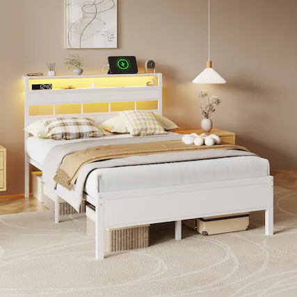 Front. Furnulem - Bed Frame with 2-Tier Shelves Charging Station LED Lights Metal Slats Wood Headboard - White.