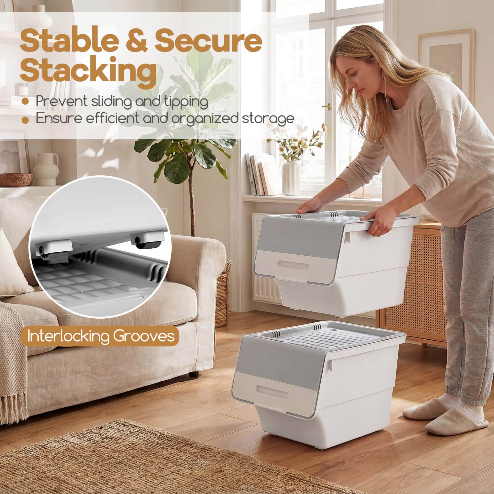 Stable & Secure Stacking  
- Prevent sliding and tipping  
- Ensure efficient and organized storage  

Interlocking Grooves