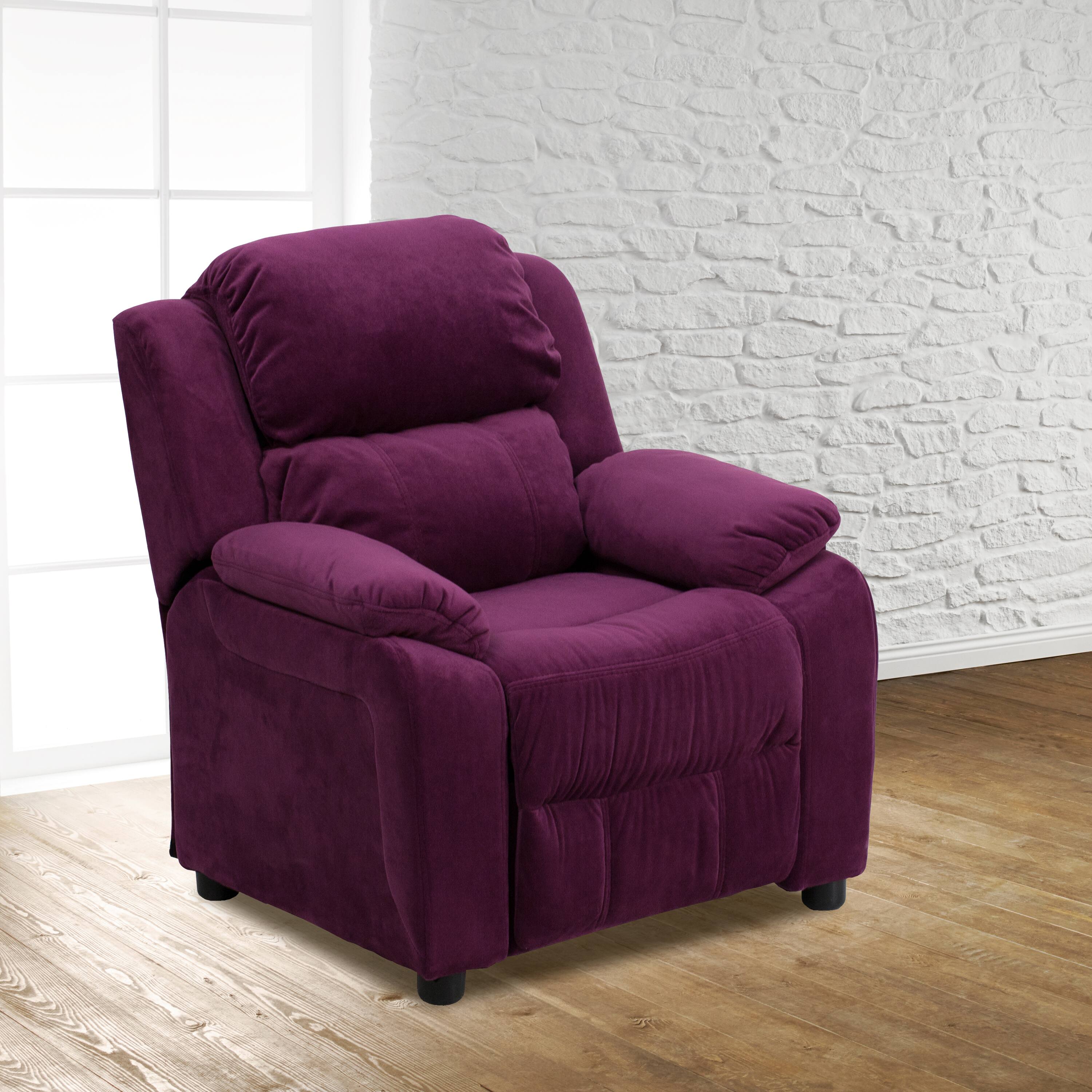 Alt View 1. Emma + Oliver - Deluxe Padded Contemporary Kids Recliner with Storage Arms - Purple Microfiber.