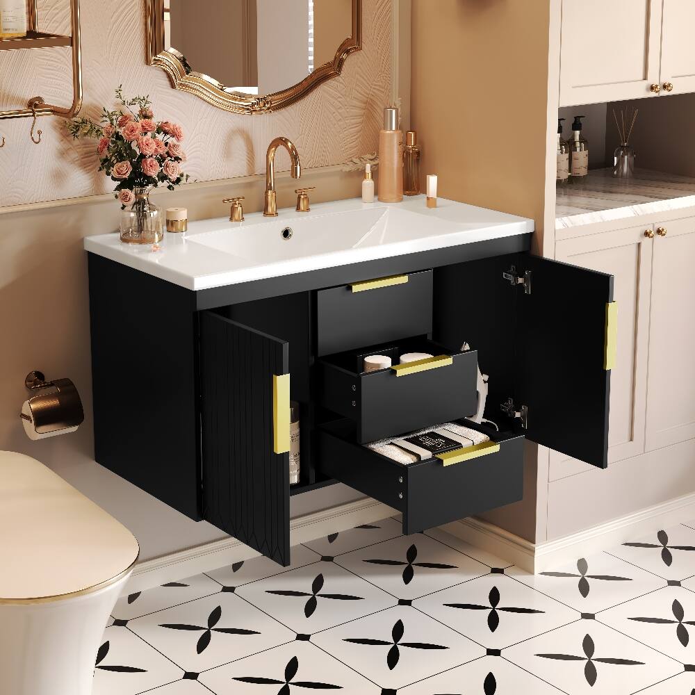 Angle. Loheer - Loheer 36 inch Wall Mounted Bathroom Vanity Black Floating Bathroom Vanity with Resin Sink and 2 Drawers - Black.