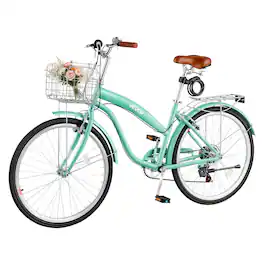 VEVOR - Women Bike, 26 in Beach Cruiser Bike, 7-Speed Adult City Bicycle with Carbon Steel Frame, 330 lbs Capacity, Basket - Light Green