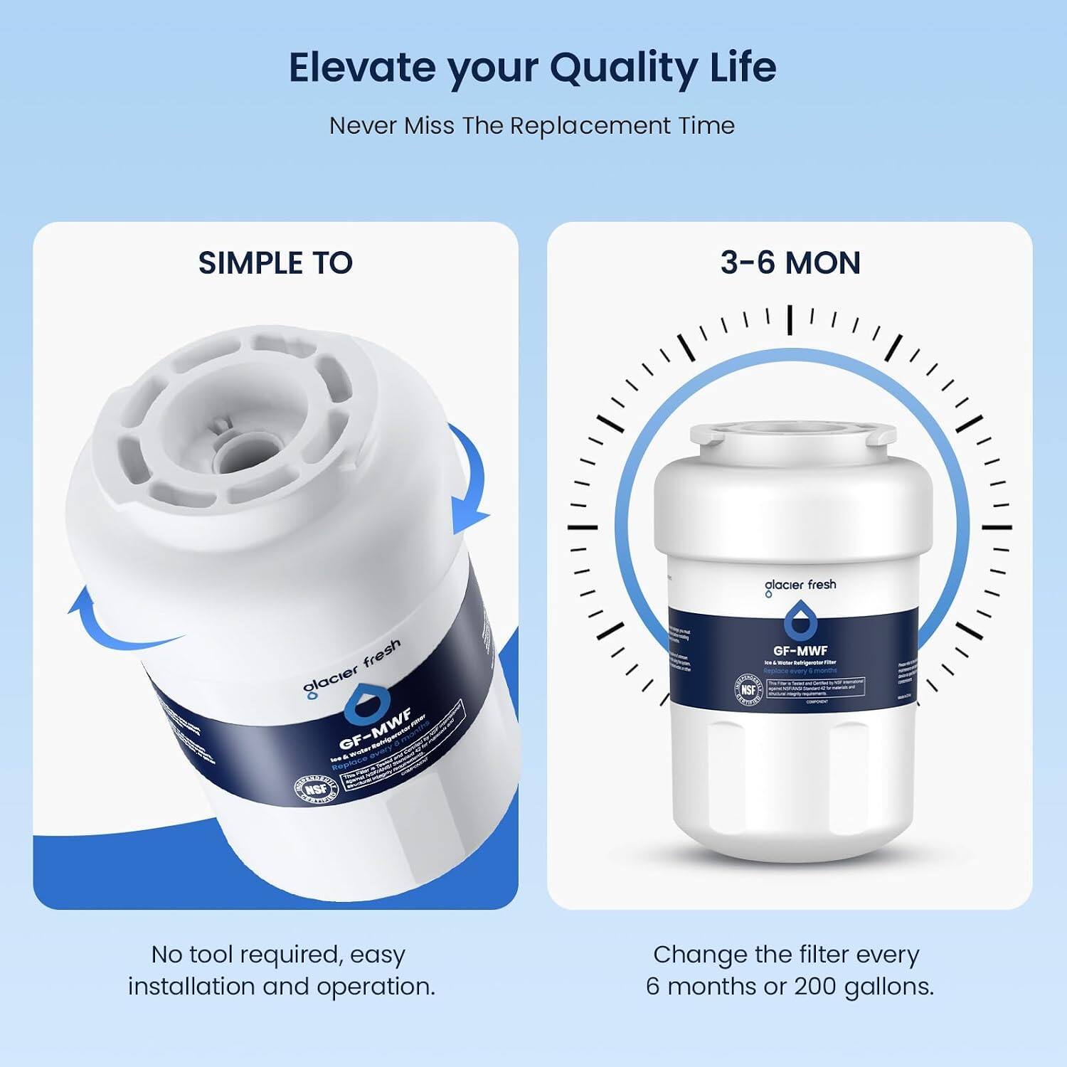 Elevate your Quality Life  
Never Miss The Replacement Time

SIMPLE TO  
No tool required, easy installation and operation.

3-6 MON  
Change the filter every 6 months or 200 gallons.