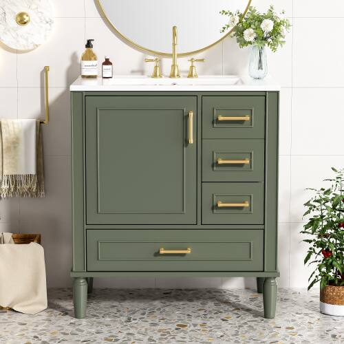 Left. JUJABU - Olive Green 30" Bathroom Vanity with Ceramic Sink, Soft-Close Door with Built-in Shelf for Bathroom - Olive Green.