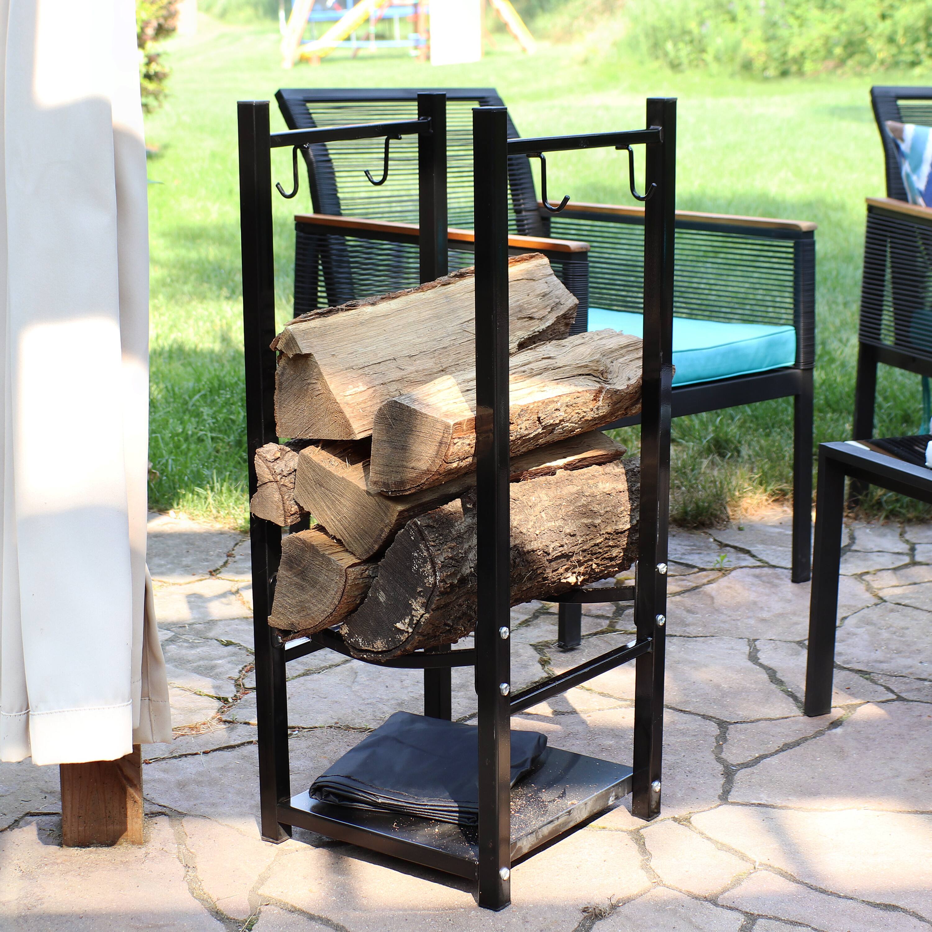 Alt View 7. Sunnydaze - 32 in Steel Firewood Log Rack with Tool Holders - Black.