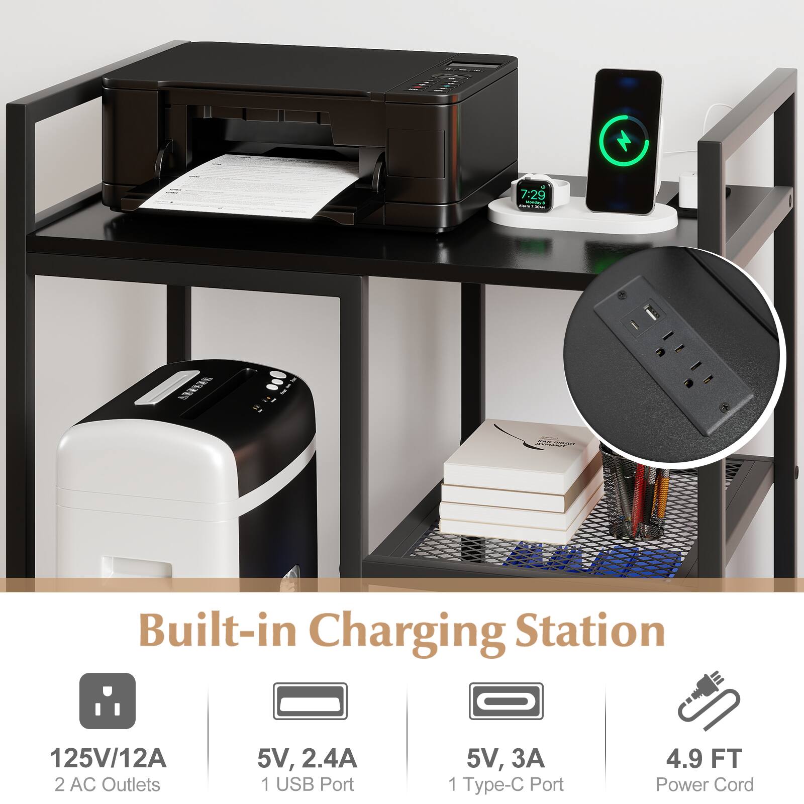 7:29 - - - LE JIP Built-in Charging Station  
125V/12A  
2 AC Outlets  
5V, 2.4A  
1 USB Port  
5V, 3A  
1 Type-C Port  
4.9 FT Power Cord