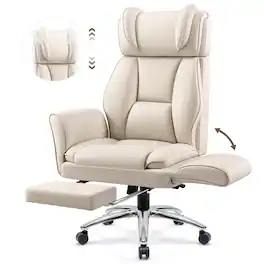 KERDOM - High Back Ergonomic Office Chair with Flatable Armrest Cross Legged, PU Leather Executive Chair with Footrest Wide Seat - Beige