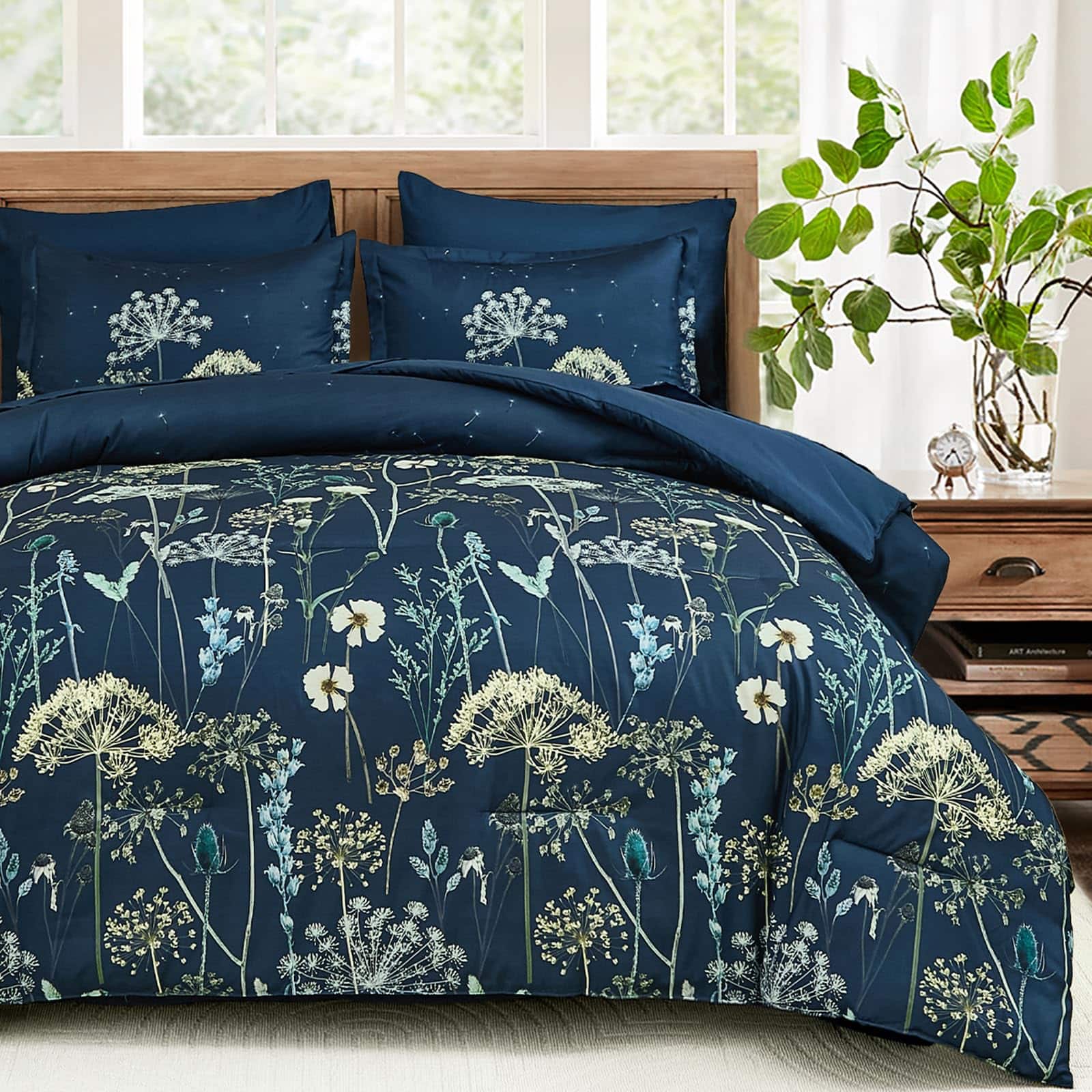 Comfort Essence - 7 Piece Floral Comforter Set Dandelion Plant Botanical Bedding Bed In A Bag Soft Microfiber Complete With - Navy Blue-King (104"x90")