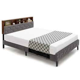 Costway - Full Bed Frame Upholstered Platform Bed Mattress Foundation with Storage Headboard - Rustic Brown,Grey