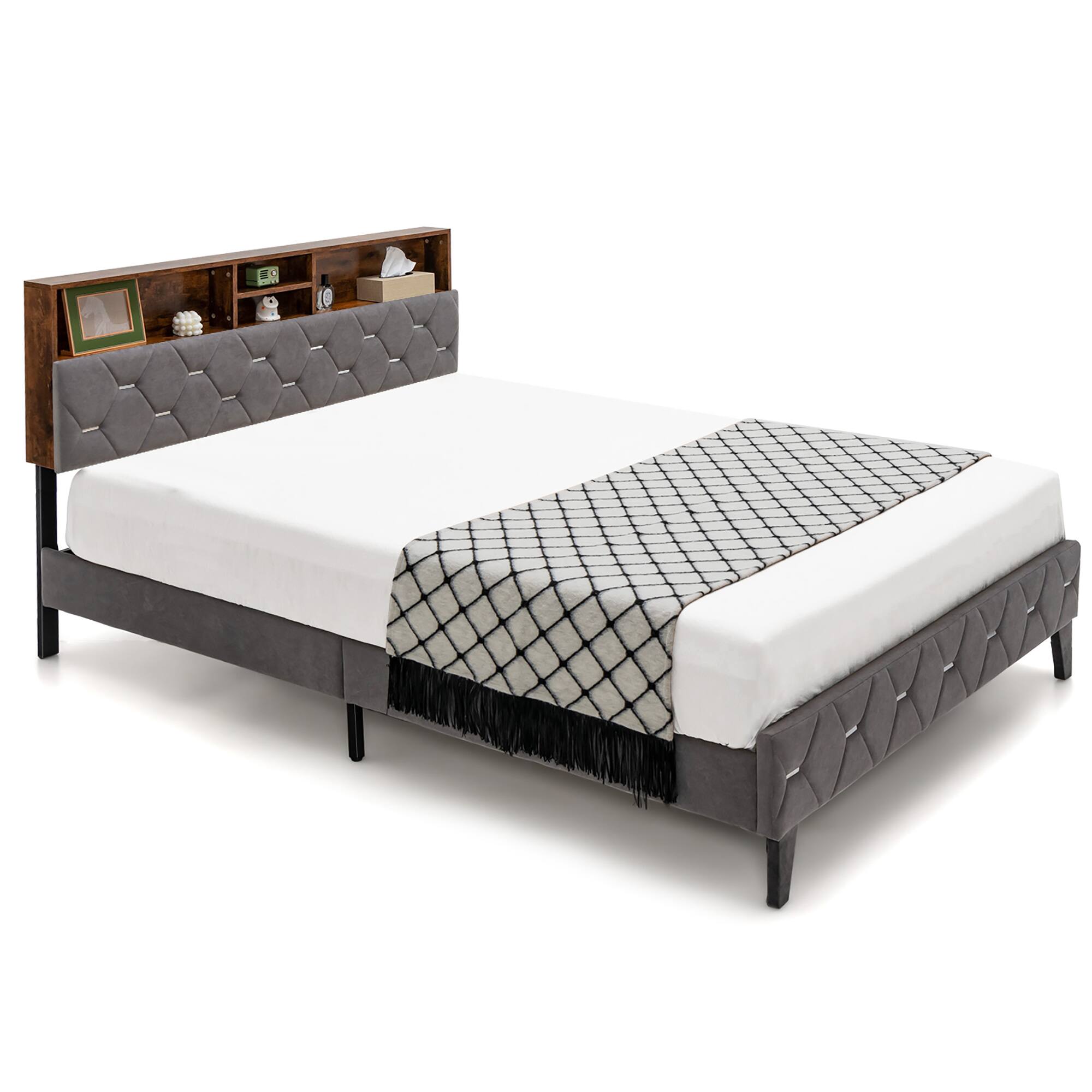 Costway - Full Bed Frame Upholstered Platform Bed Mattress Foundation with Storage Headboard - Rustic Brown,Grey