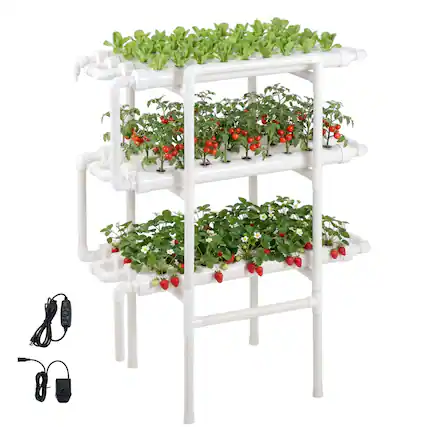 Front. VEVOR - Hydroponics Growing System Kit, 3-Tier 108 Sites UPVC Pipe Hydroponic Grow Kit with Timed Irrigation - White.