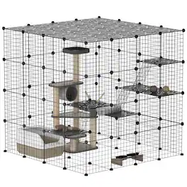 Pawhut - Cat Cage Indoor, DIY 4 Tier Enclosure, Hammock, 4x4x4 Detachable Wire, Ramps, 1-3 Cats, 55"Lx55"Wx55"H