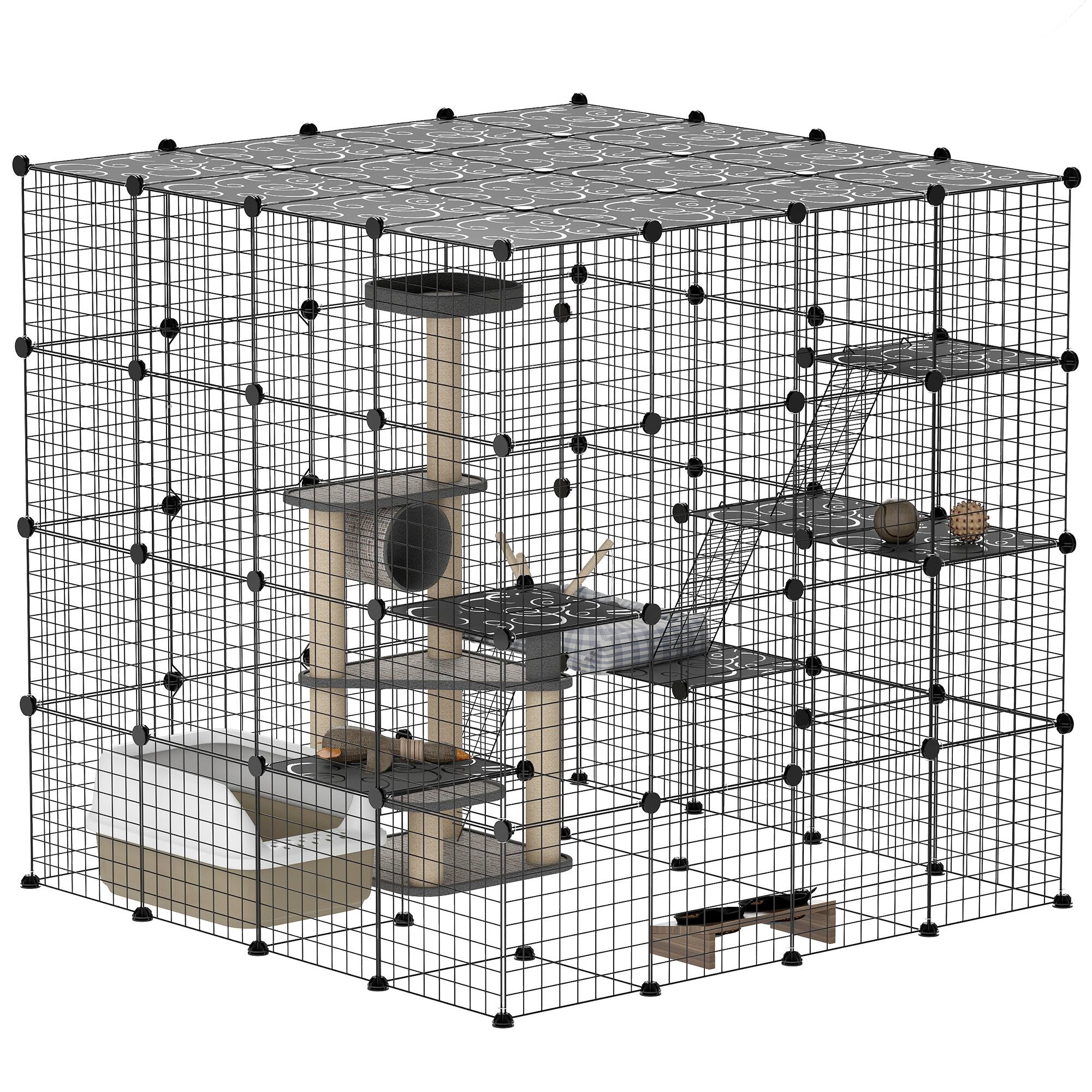 Front. Pawhut - Cat Cage Indoor, DIY 4 Tier Enclosure, Hammock, 4x4x4 Detachable Wire, Ramps, 1-3 Cats, 55"Lx55"Wx55"H.