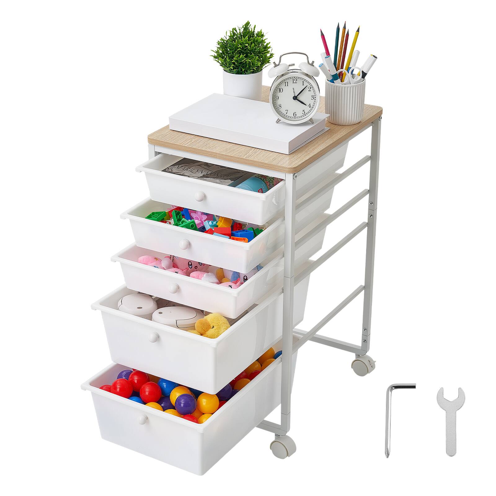 Alt View 5. VEVOR - Rolling Cart with Drawers, 5 Drawer Storage Organizer, Mobile Utility Cart with Wood Top, Steel Frame, Universal Casters - White.
