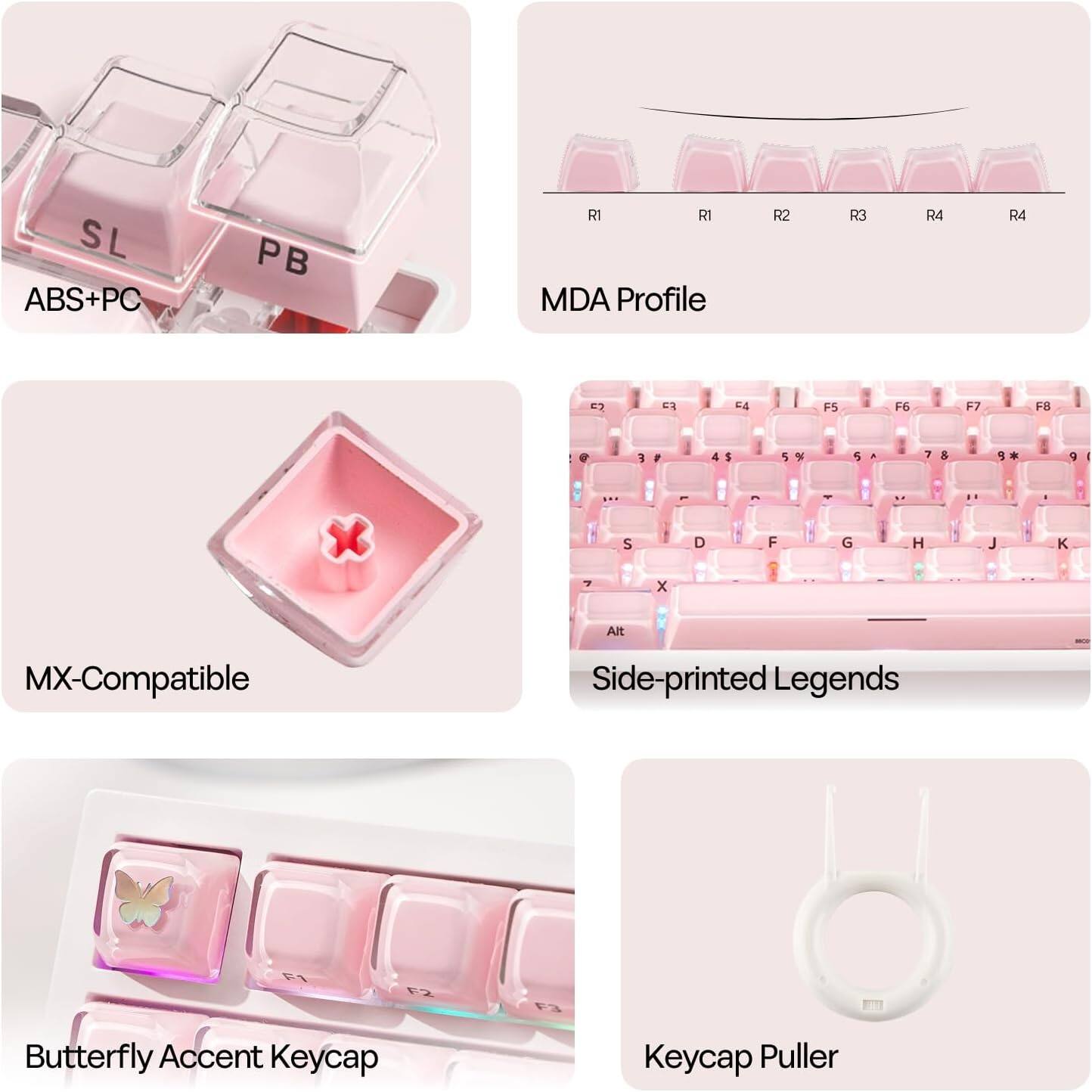 SL ABS+PC PB R1 RI MDA Profile R2 R3 R4 R4  
ES +4 F5 F6 F7 FB e F F 4 S 5 o 5 7 & * 9 I x S x D F 4 G H J K Alt MX-Compatible Side-printed Legends Butterfly Accent Keycap Puller