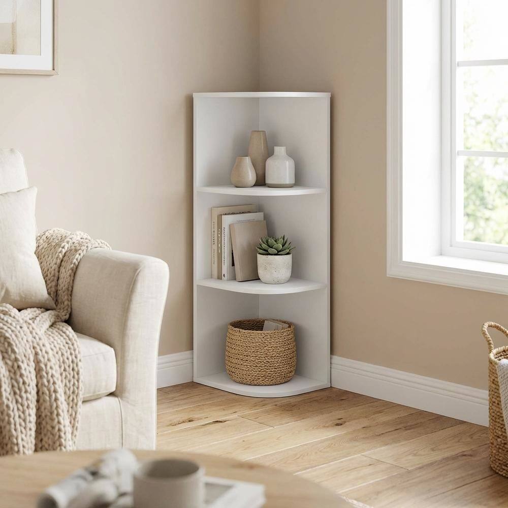 Left. FurniFact - White 3-Tier Corner Open Shelf Bookcase with Wooden Shelves - White.