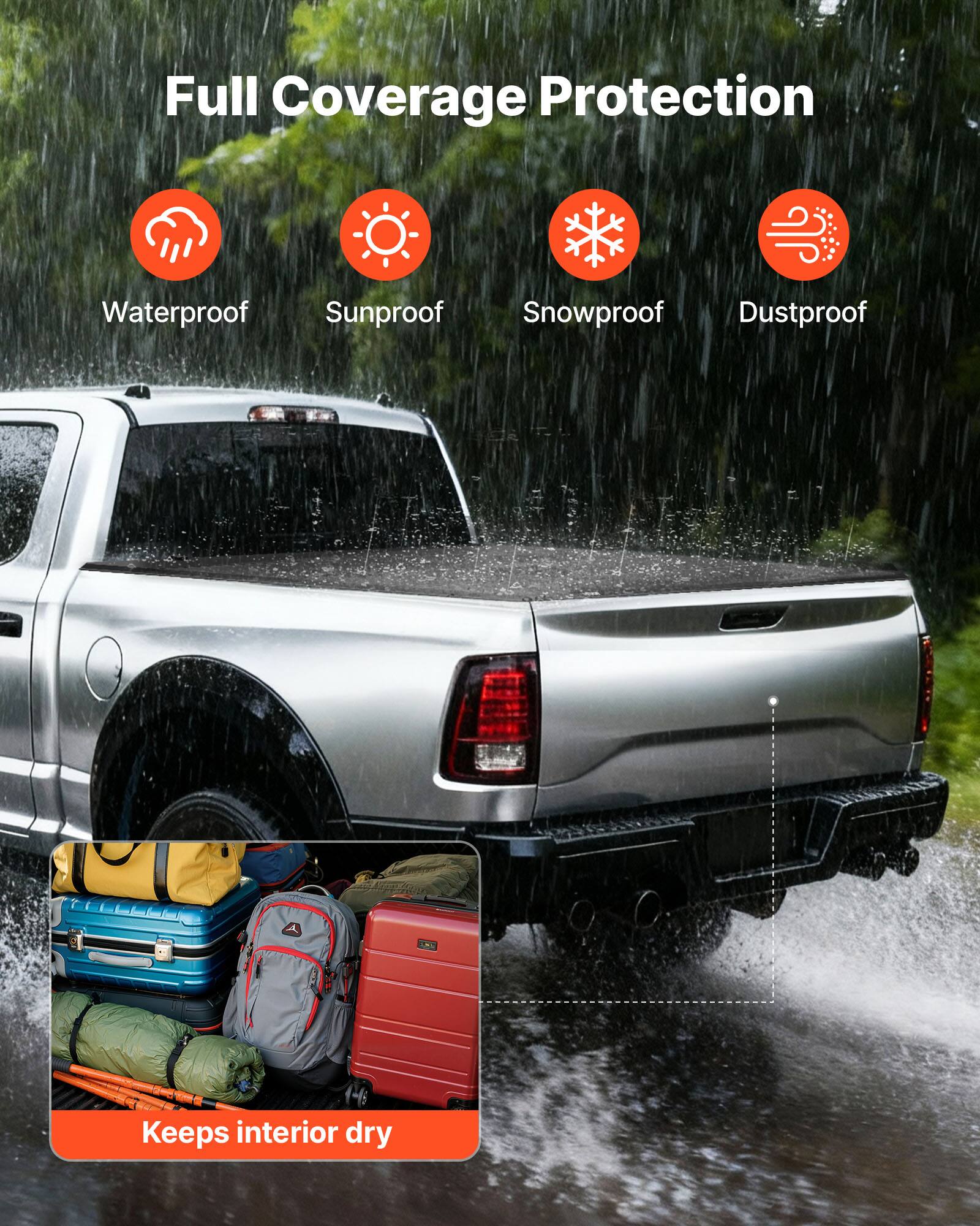 Full Coverage Protection

- Waterproof
- Sunproof
- Snowproof
- Dustproof

Keeps interior dry