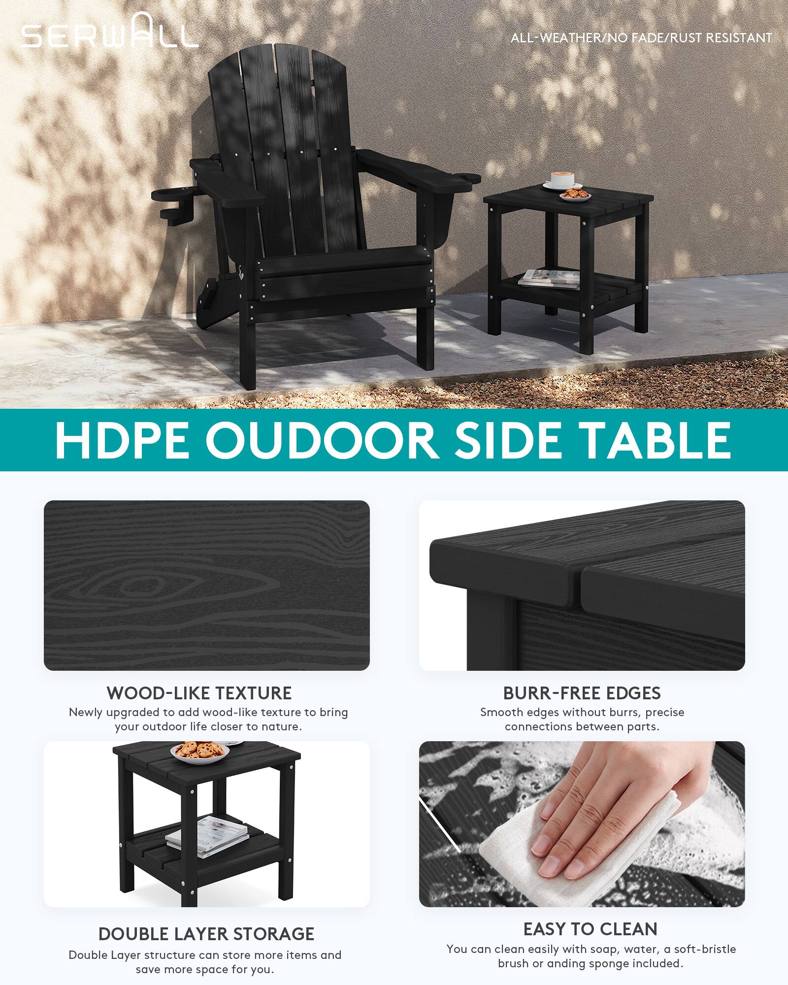 SERWALL HDPE Double Layer Outdoor Side Table, All Weather Adirondack ...