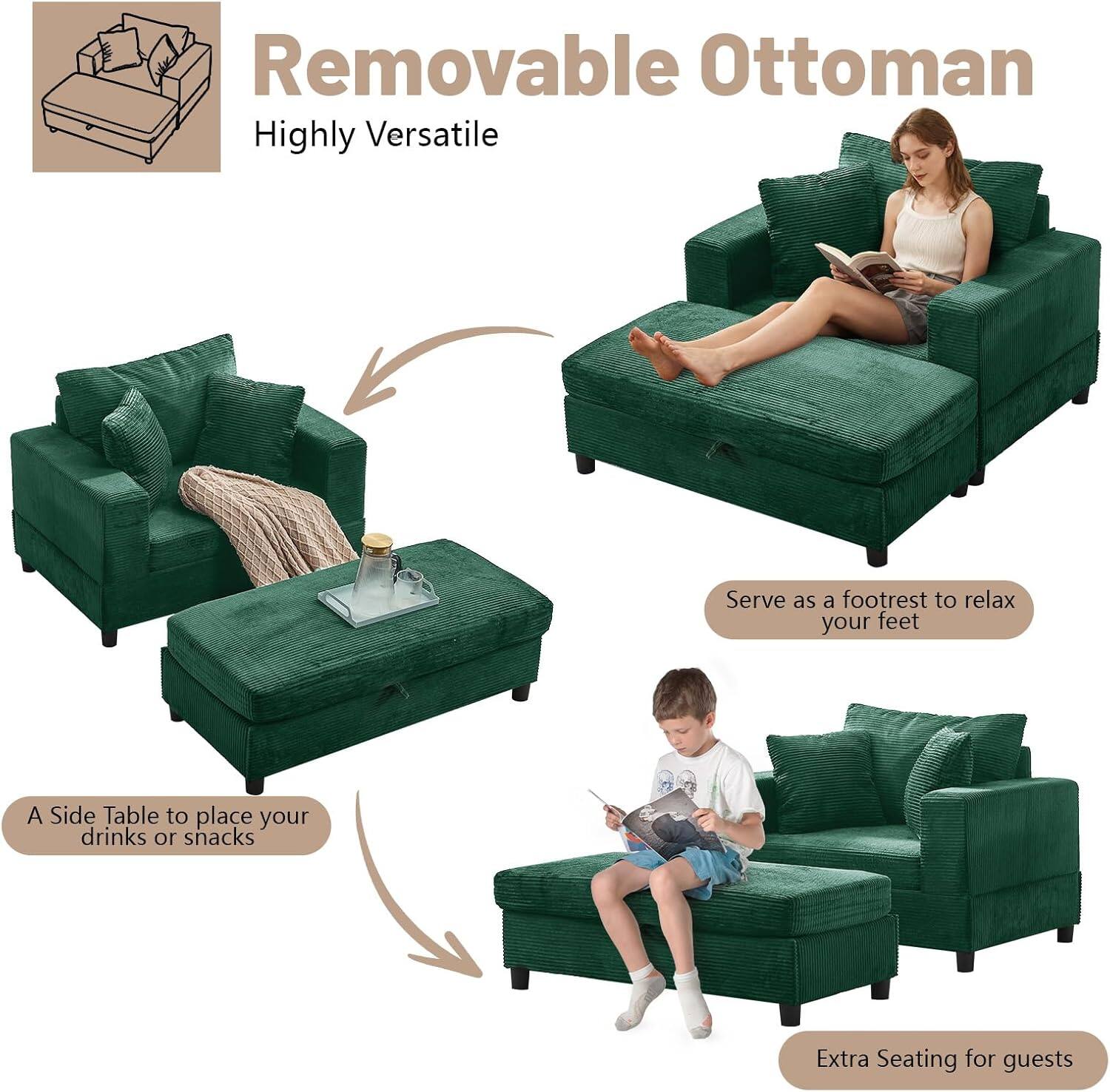 Removable Ottoman  
Highly Versatile  

- Serve as a footrest to relax your feet  
- A Side Table to place your drinks or snacks  
- Extra Seating for guests